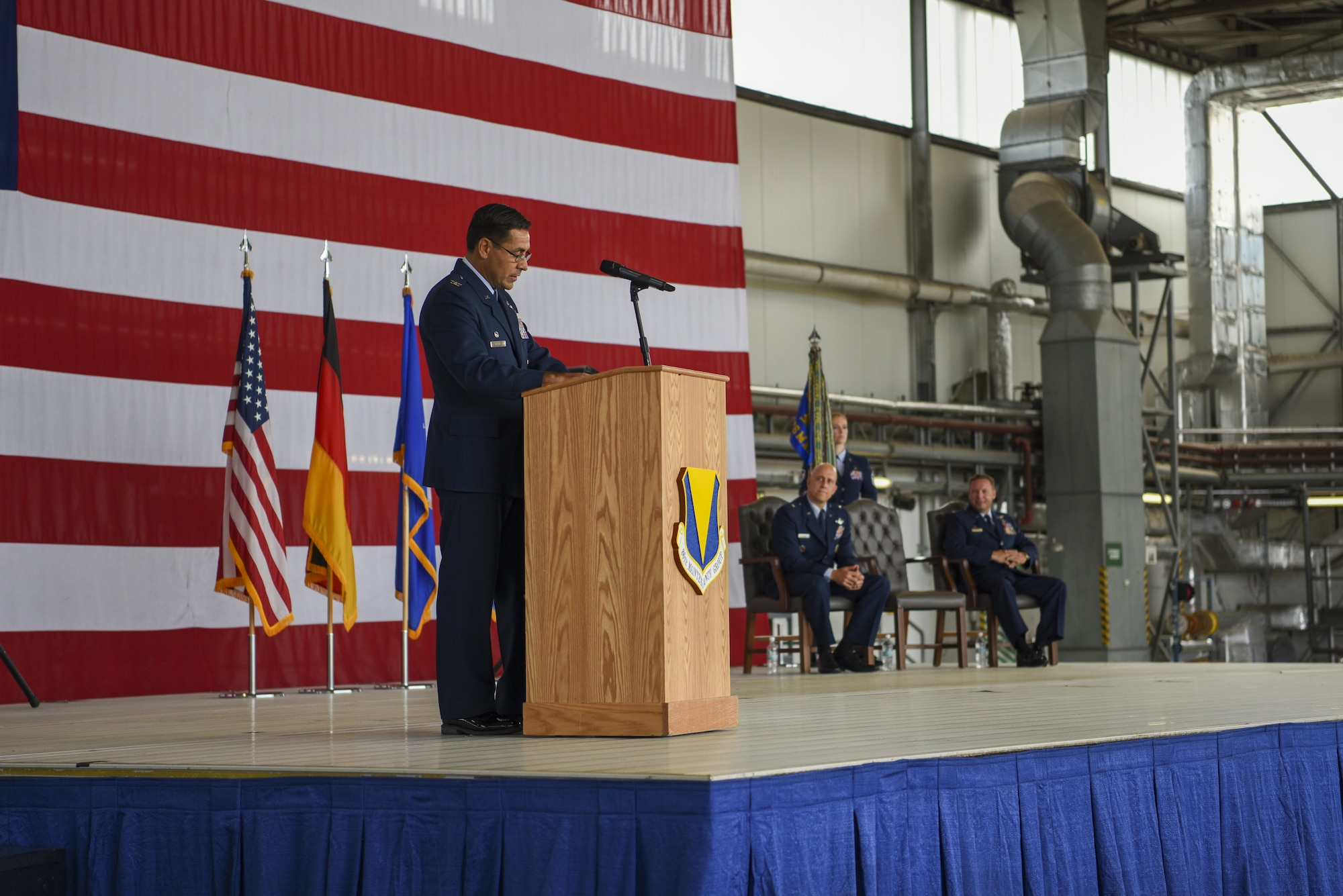 U.S. Air Force Col. Robert B. Blake, 86th Maintenance Group incoming commander, gives a speech during the 86 MXG change of command ceremony at Ramstein Air Base, Germany, July 13, 2022.