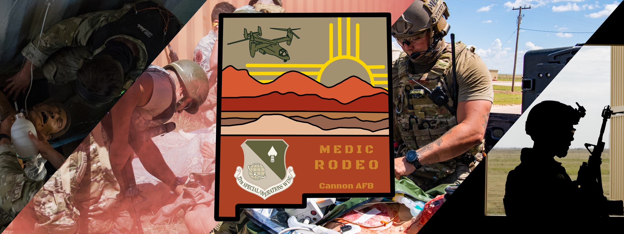 A banner graphic for the 2022 Cannon AFB Medico Rodeo exercise depicting the exercise logo and photos of medics assigned to units across Cannon Air Force Base, New Mexico.