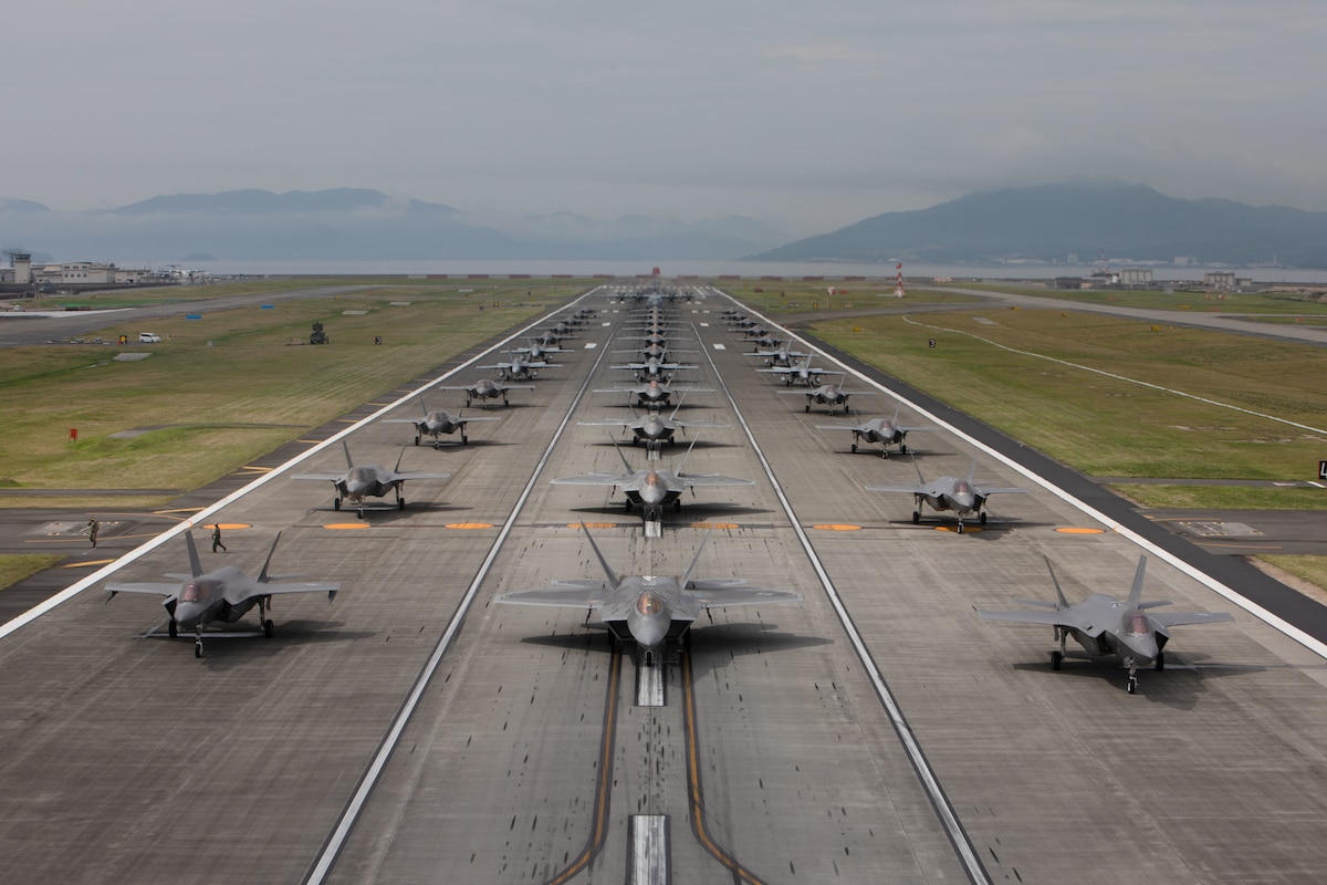 The U.S. Air force 354th Air Expeditionary Wingand Marine Aircraft Group 12 performed acapabilities demonstration during a pre-plannedreadiness exercise at Marine Corps Air StationIwakuni, Japan, July 7, 2022