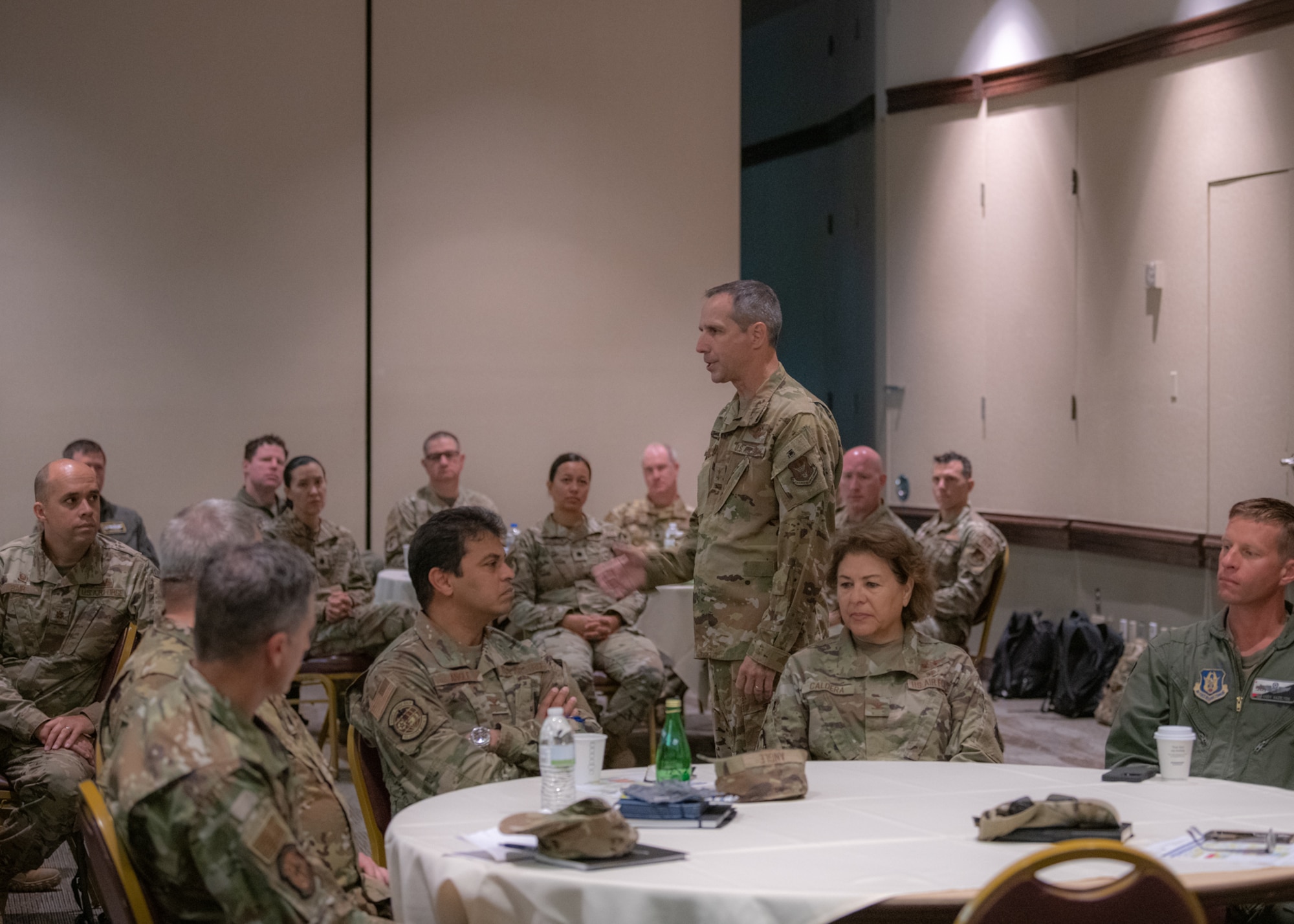 Maj. Gen. Jeffrey T. Pennington, 4th Air Force commander, gives his welcome and perspective remarks during his visit July 11, 2022, at Travis Air Force Base, Calif.  The opportunity allowed the 349th Air Mobility Wing to showcase its people, mission, accomplishments, and innovation efforts