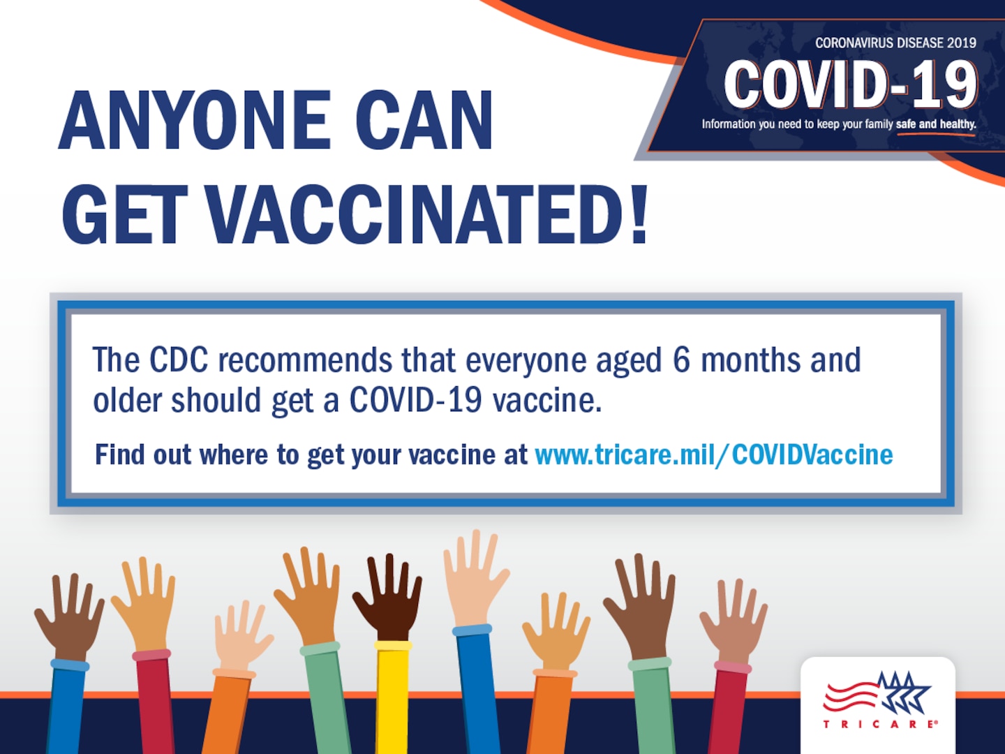 Graphic with children's hands and the following text: "Anyone can get vaccinated! The CDC recommends that everyone age 6 months and older should get a COVID-19 vaccine."