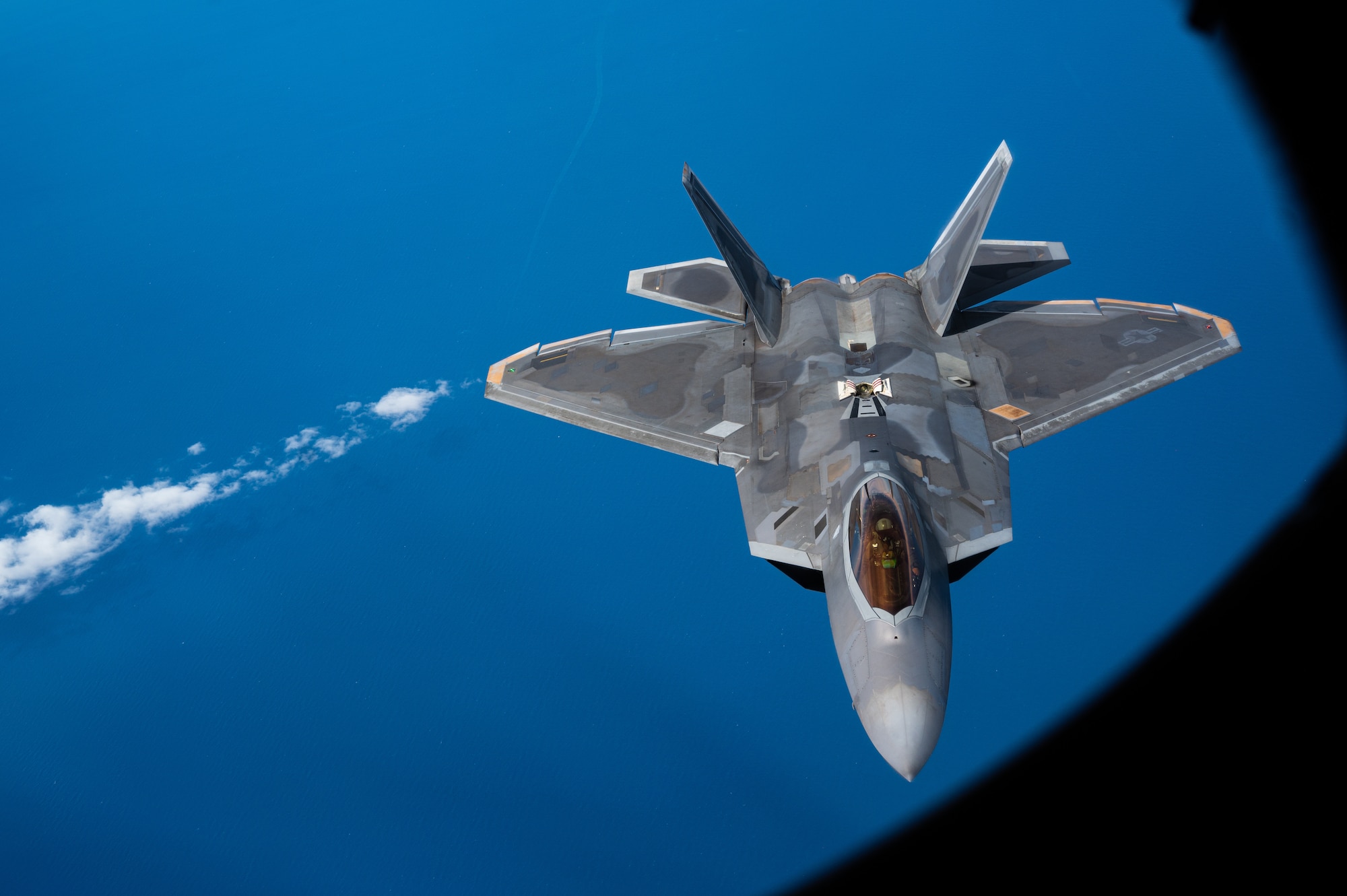 Plane flies in the sky.