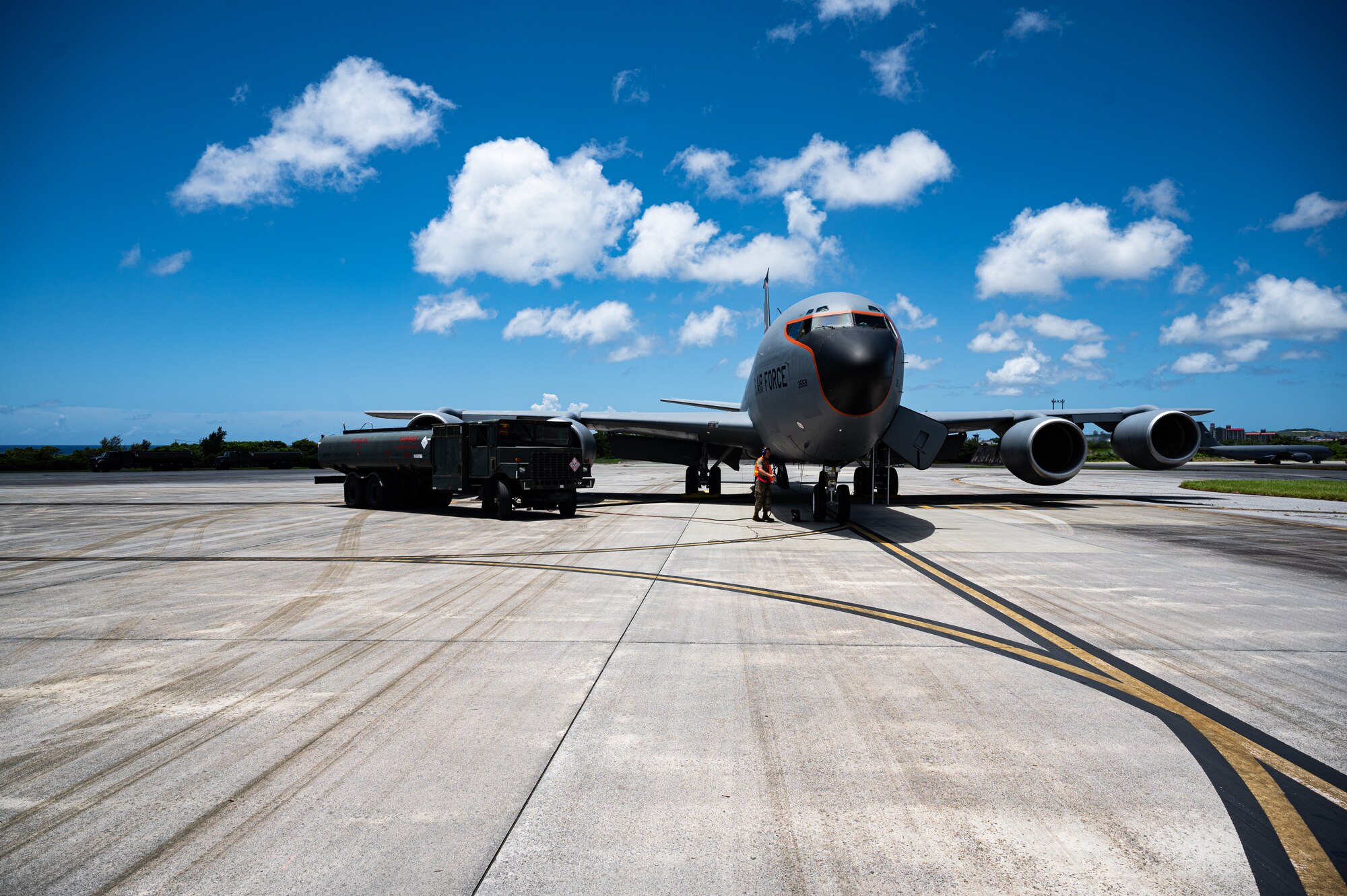 plane sits on runway.