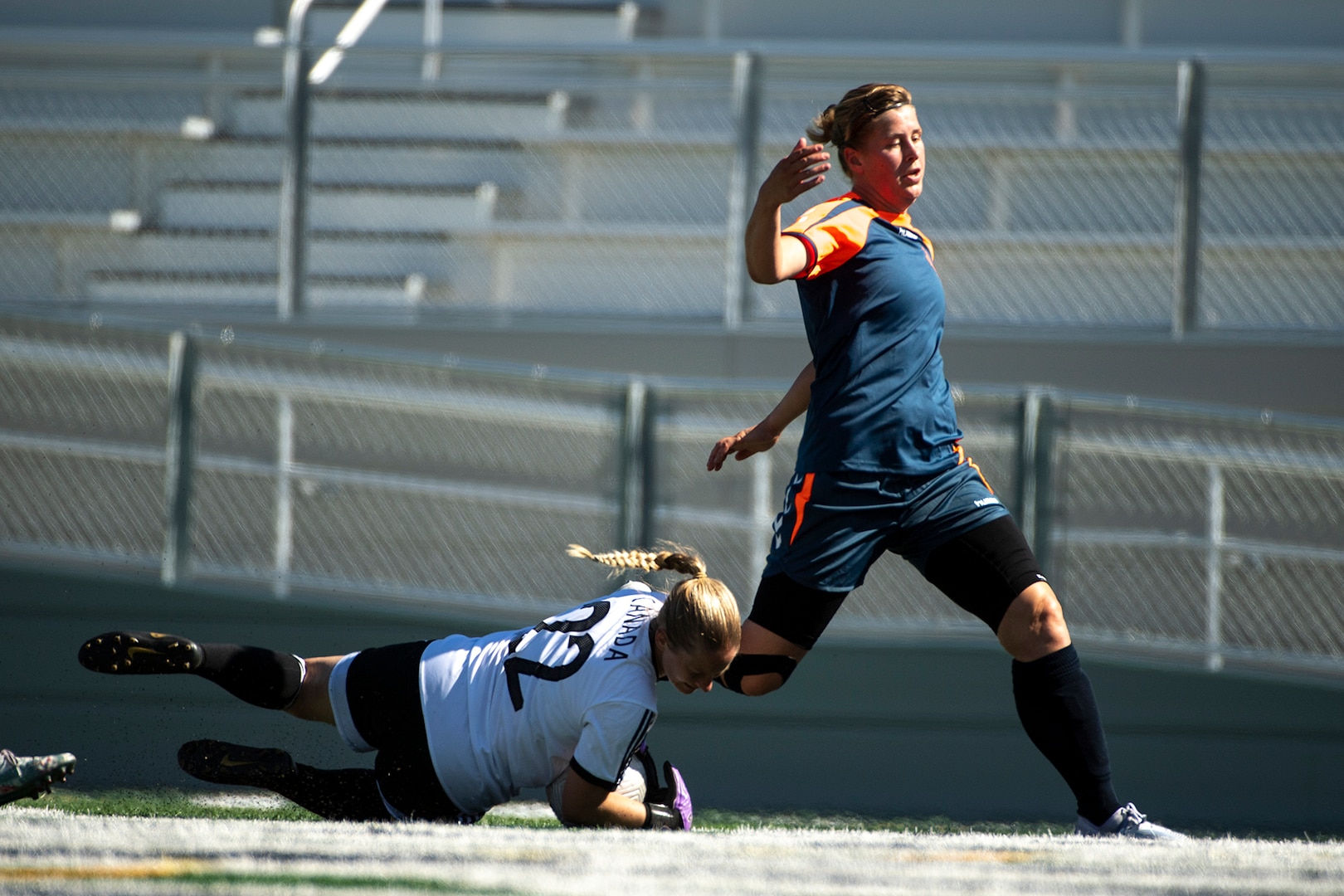 Canada’s Caroline Wood makes a save against OR-5 Margriet Samsom of Team Netherlands during the 13th CISM (International Military Sports Council) World Military Women’s Football Championship in Meade, Washington July 14, 2022. (DoD photo by EJ Hersom)