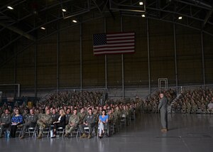 U.S. Air Force Gen. Mike Minihan, Air Mobility Command commander, gives remarks during an all-call at Joint Base Lewis-McChord, Washington, July 7, 2022. Minihan and Chief Master Sgt. Brian Kruzelnick, AMC command chief, spent two days visiting Team McChord to experience the way America’s Airlift Wing executes rapid global mobility. (U.S. Air Force photo by Senior Airman Callie Norton)