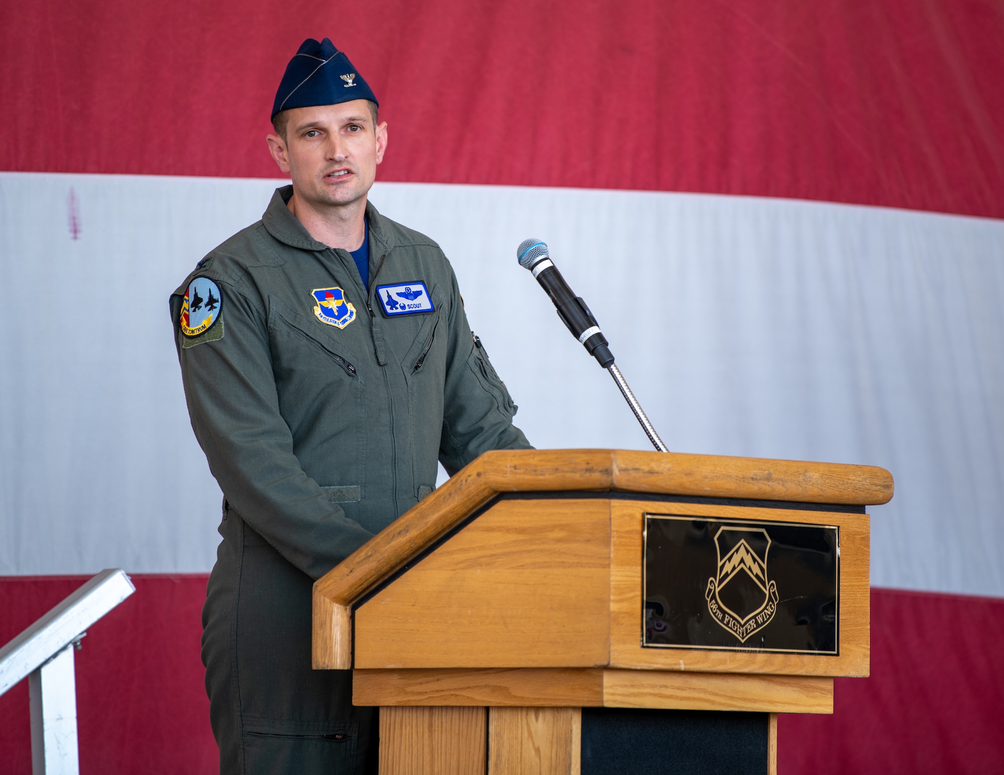 U.S. Air Force Col. Matthew Johnston, 56th Operations Group commander, provides remarks after assuming command during the 56th OG change of command ceremony June. 3, 2022, at Luke Air Force Base, Arizona.