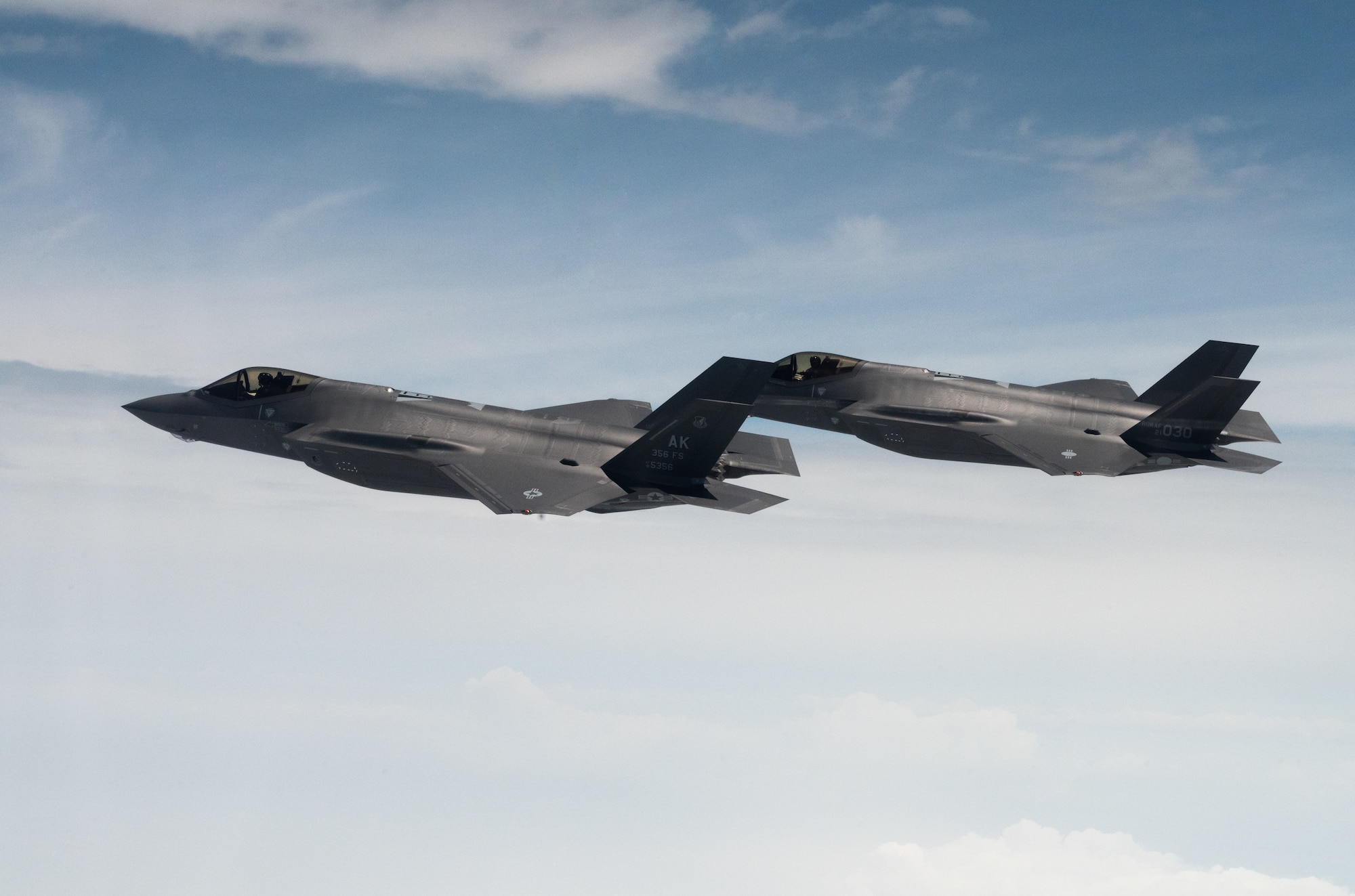 U.S. Air Force F-35 Lightning IIs from the 365th Fighter Squadron at Eielson Air Force Base fly side by side with Republic of Korea Air Force F-35s from the 151st and 152nd Combat Flight Squadrons as part of a bilateral exercise over the Yellow Sea