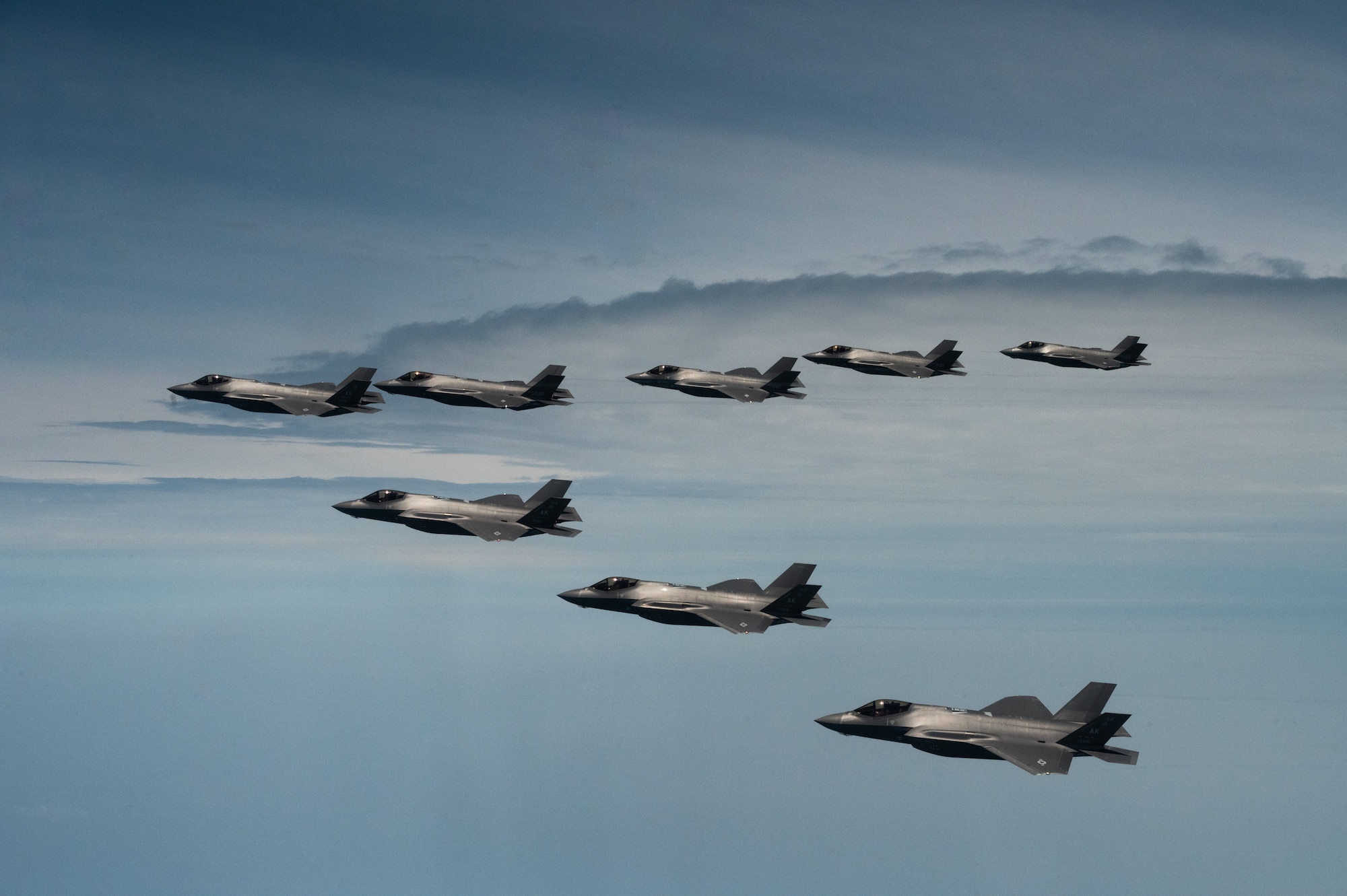 U.S. Air Force F-35 Lightning IIs from the 365th Fighter Squadron at Eielson Air Force Base fly side by side with Republic of Korea Air Force F-35s from the 151st and 152nd Combat Flight Squadrons as part of a bilateral exercise over the Yellow Sea