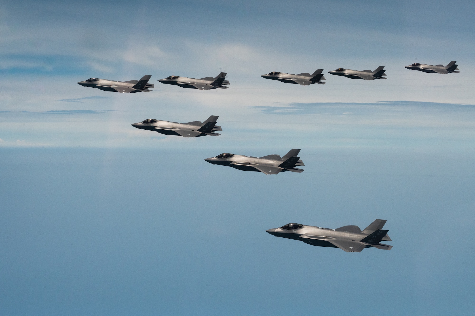 U.S. Air Force F-35 Lightning IIs from the 365th Fighter Squadron at Eielson Air Force Base fly side by side with Republic of Korea Air Force F-35s from the 151st and 152nd Combat Flight Squadrons as part of a bilateral exercise over the Yellow Sea