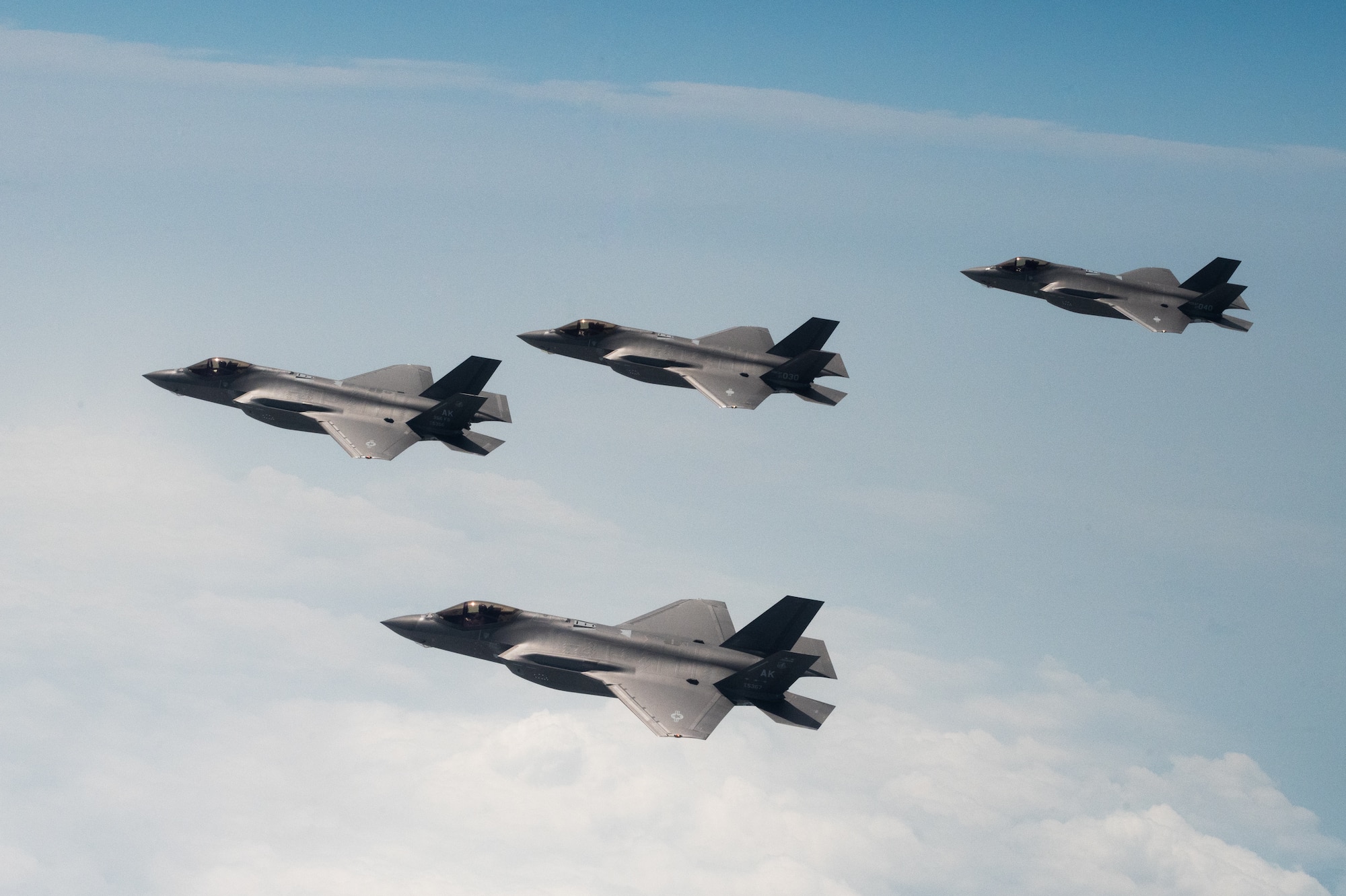 U.S. Air Force F-35 Lightning IIs from the 365th Fighter Squadron at Eielson Air Force Base fly side by side with Republic of Korea Air Force F-35s from the 151st and 152nd Combat Flight Squadrons as part of a bilateral exercise over the Yellow Sea