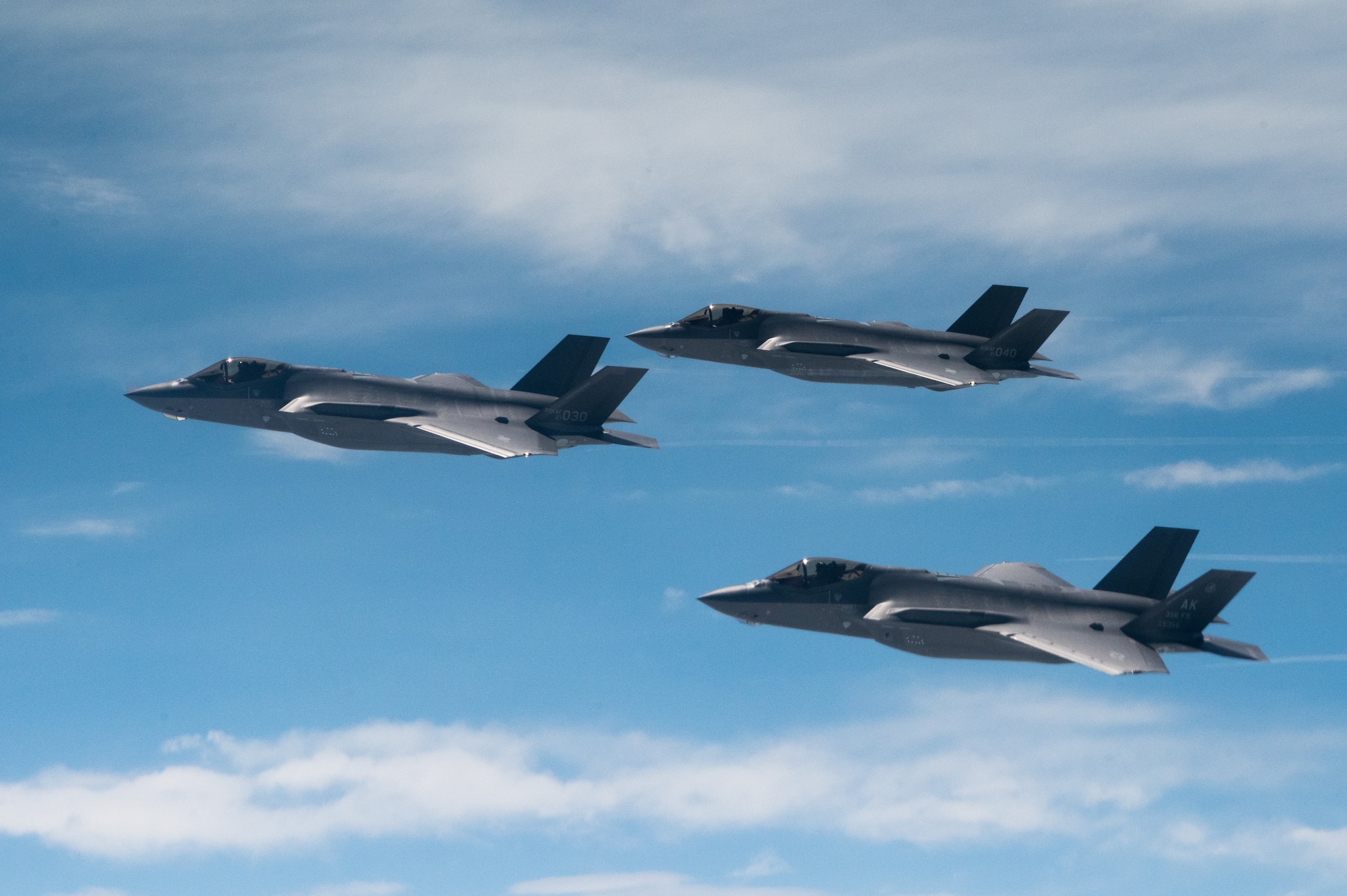 U.S. Air Force F-35 Lightning IIs from the 365th Fighter Squadron at Eielson Air Force Base fly side by side with Republic of Korea Air Force F-35s from the 151st and 152nd Combat Flight Squadrons as part of a bilateral exercise over the Yellow Sea