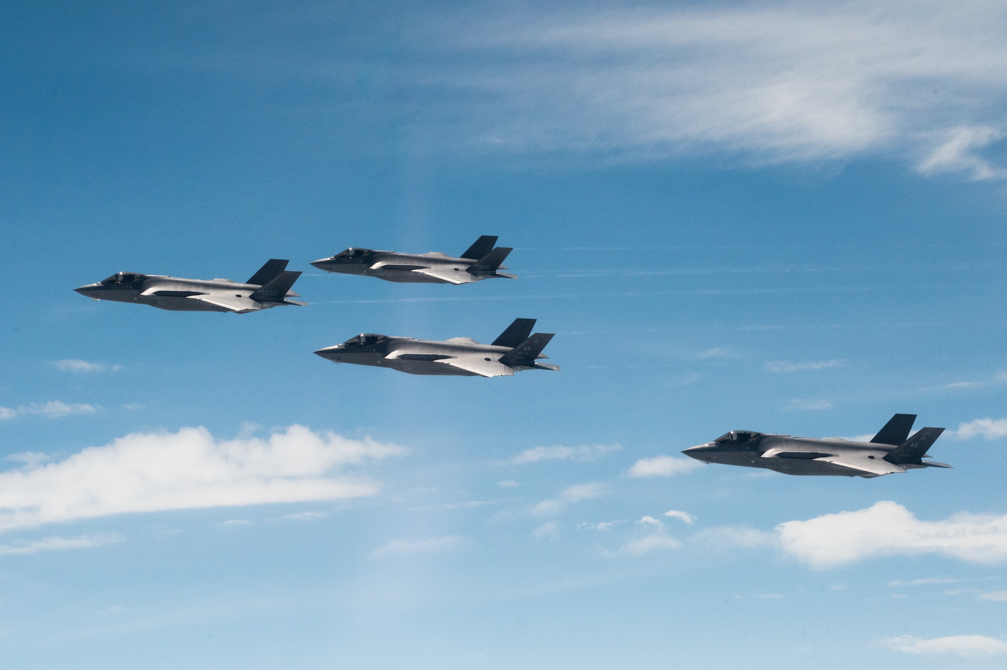 U.S. Air Force F-35 Lightning IIs from the 365th Fighter Squadron at Eielson Air Force Base fly side by side with Republic of Korea Air Force F-35s from the 151st and 152nd Combat Flight Squadrons as part of a bilateral exercise over the Yellow Sea