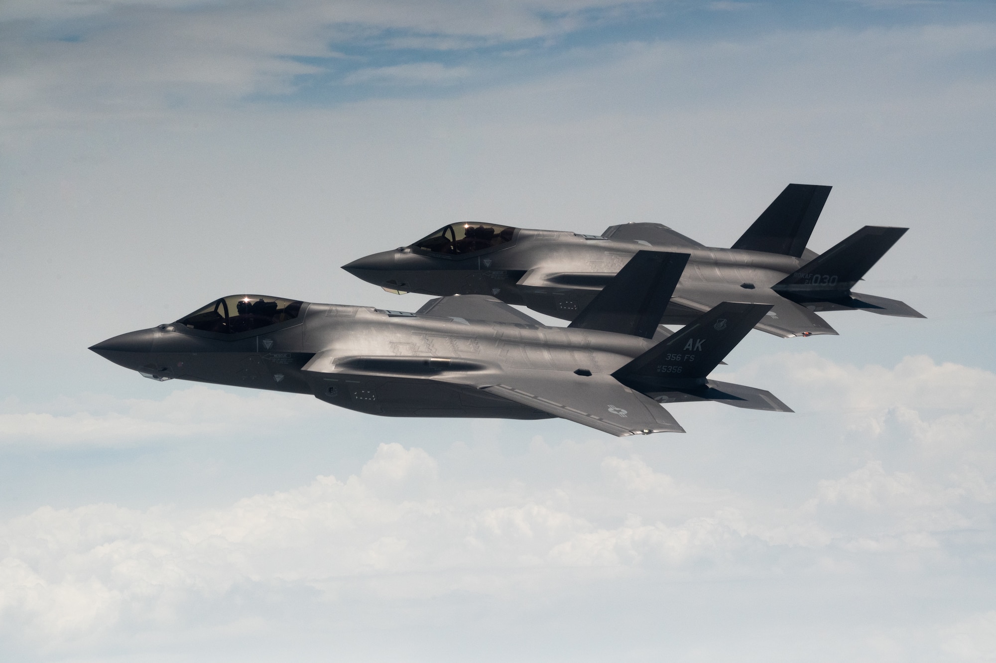 U.S. Air Force F-35 Lightning IIs from the 365th Fighter Squadron at Eielson Air Force Base fly side by side with Republic of Korea Air Force F-35s from the 151st and 152nd Combat Flight Squadrons as part of a bilateral exercise over the Yellow Sea, Republic of Korea