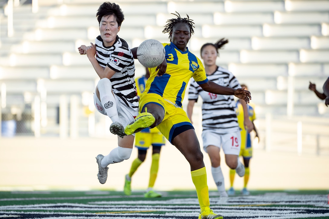 South Korea’s Hyo Jeong Sim takes a shot against Mali defender Oumou Tangara during the 13th CISM (International Military Sports Council) World Military Women’s Football Championship in Meade, Washington July 14, 2022. (DoD photo by EJ Hersom)