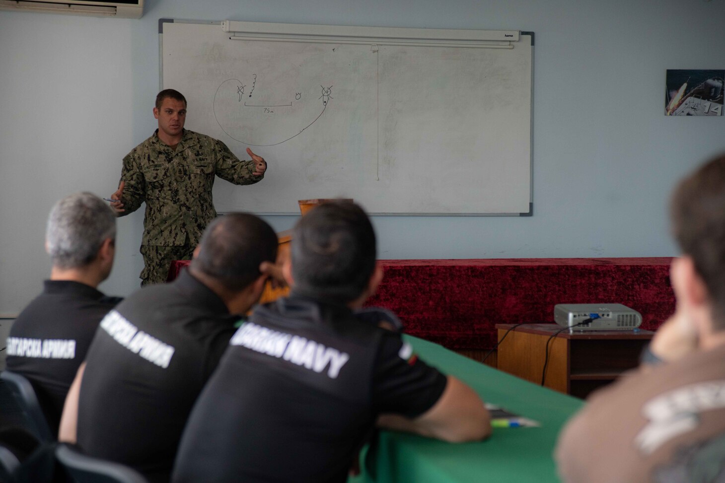 Senior Chief Explosive Ordnance Disposal Matthew Kuttenkuler, assigned to Explosive Ordnance Disposal Mobile Unit (EODMU) 12, delivers a brief on U.S. floating mine response procedures to Bulgarian Sailors as part of a knowledge exchange between the two nations during exercise Breeze 2022, July 14, 2022. Breeze 2022 enhances interoperability among Bulgaria and participating nations, with an emphasis on anti-submarine warfare, search and rescue, force protection/anti-terrorism operations, maritime interdiction operations, and anti-piracy mission areas.