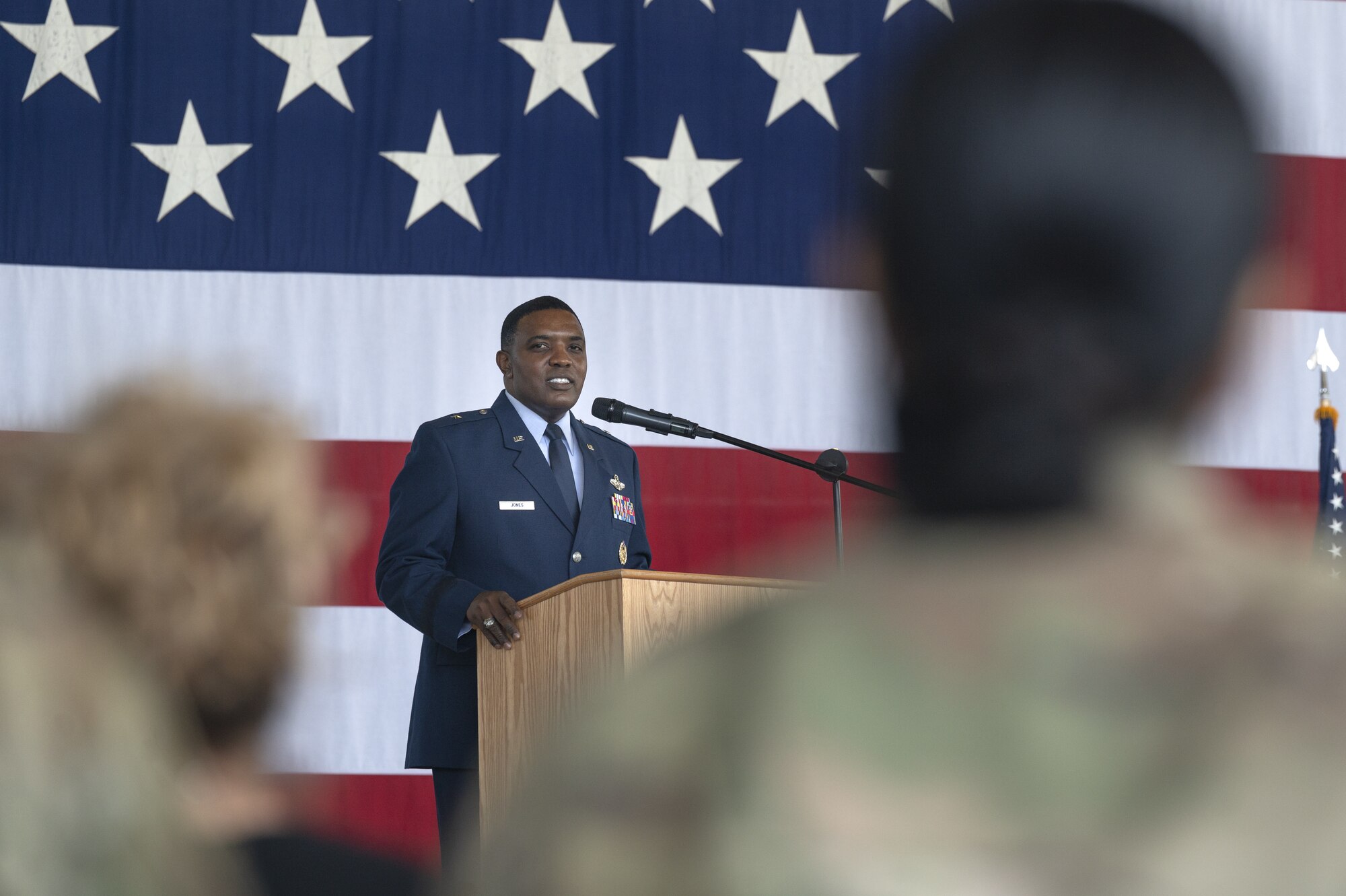 U.S. Air Force Brig. Gen. Otis C. Jones, incoming 86th Airlift Wing commander, speaks to the audience at his change of command ceremony at Ramstein Air Base, Germany, July 15. Upon assuming command of the 86 AW, Jones became responsible for U.S. Air Forces in Europe and Air Forces Africa’s largest wing, comprising eight groups, 30 squadrons and 9,000 members. (U.S. Air Force photo by Senior Airman Andrew Bertain)