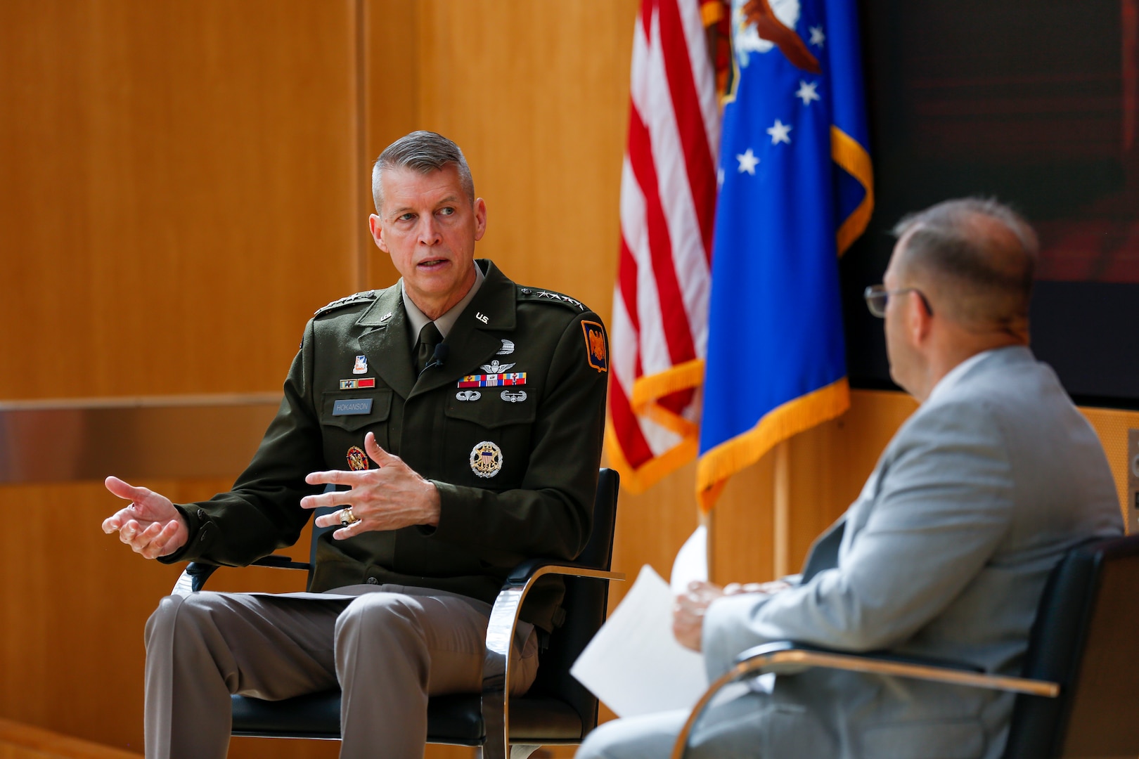 Army Gen. Daniel Hokanson, chief, National Guard Bureau, and Bert Tussing, director of Homeland Defense and Security Issues at United States Army War College, discuss the Guard's role in homeland defense at the North American Aerospace Defense Command and U.S. Northern Command’s inaugural Homeland Defense Awareness Symposium at the U.S. Air Force Academy in Colorado Springs, Colo., July 14, 2022.