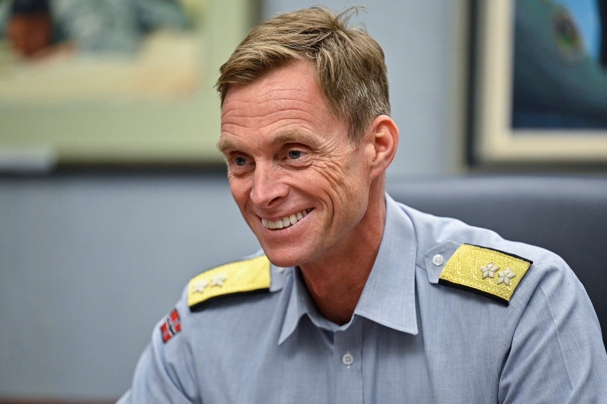 Maj. Gen. Rolf Folland, chief of the Royal Norwegian Air Force, speaks with Air Force Chief of Staff Gen. CQ Brown, Jr.