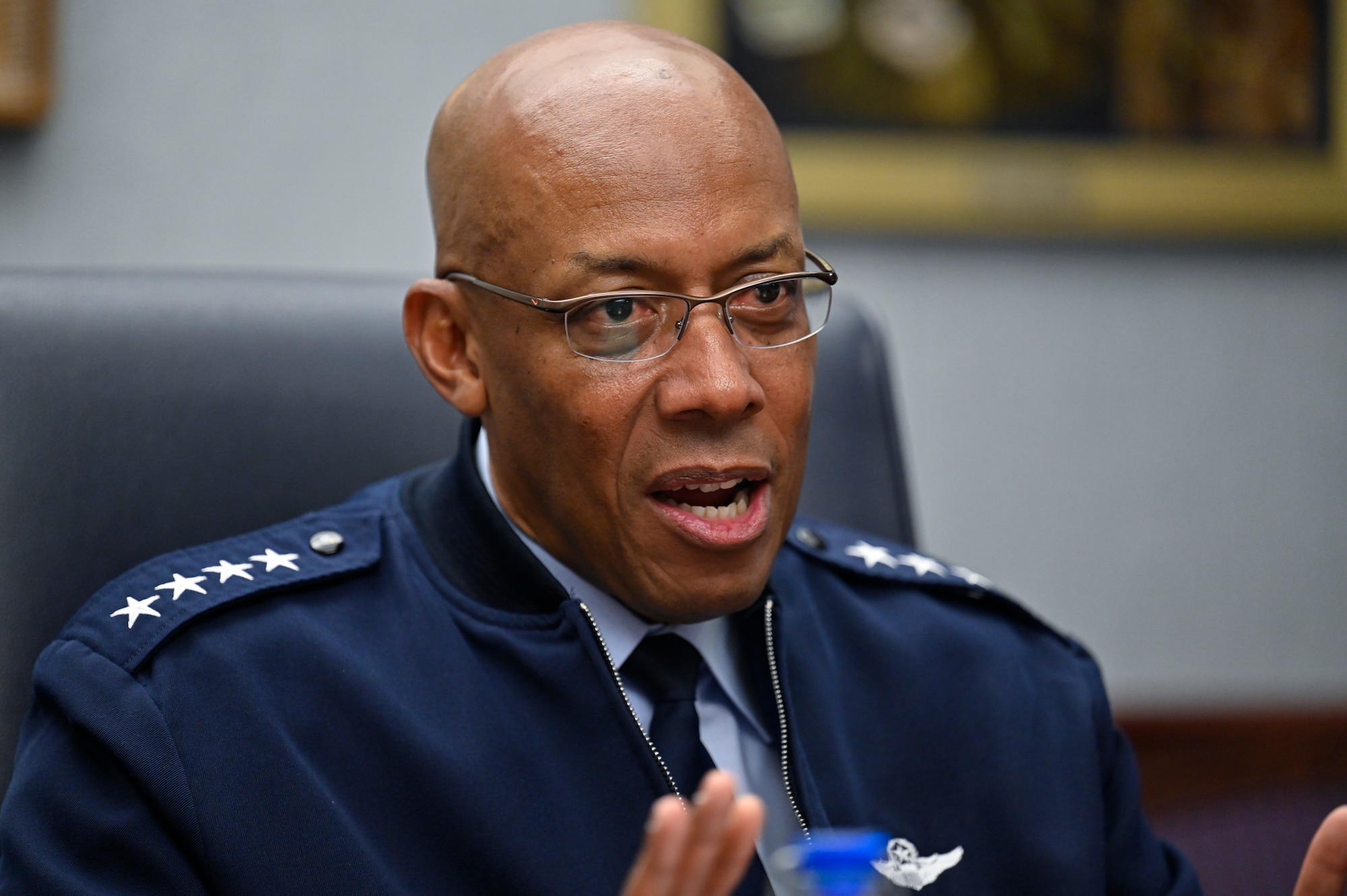 Air Force Chief of Staff Gen. CQ Brown, Jr. speaks with Maj. Gen. Rolf Folland, chief of the Royal Norwegian Air Force.
