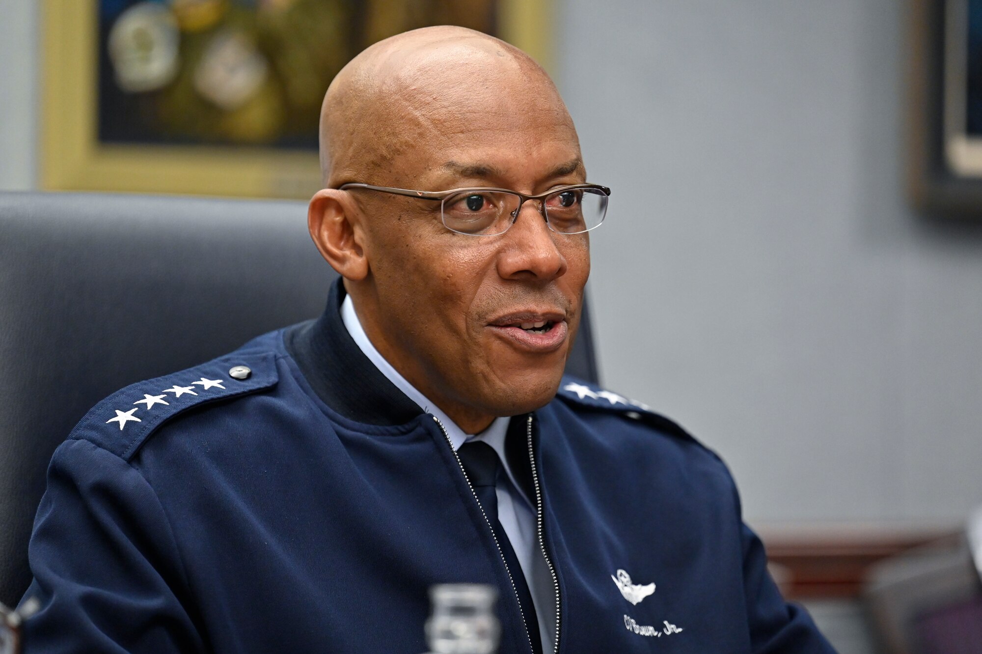 Air Force Chief of Staff Gen. CQ Brown, Jr. speaks with Brig. Gen. Mohammad Hiyasat, commander of the Royal Jordanian Air Force.
