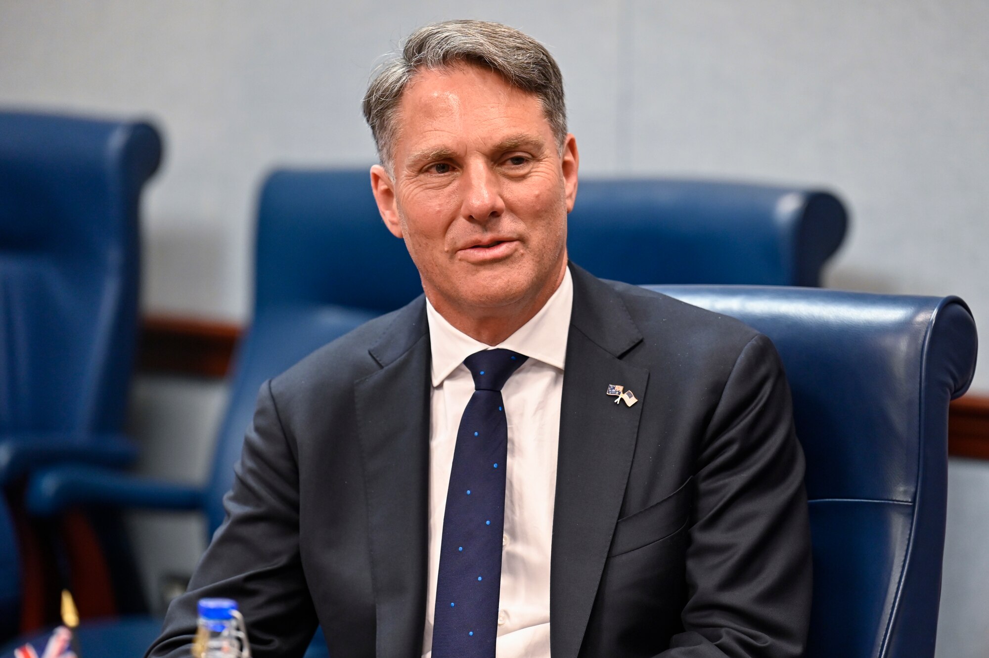 Australian Deputy Prime Minister Richard Marles speaks with Secretary of the Air Force Frank Kendall.