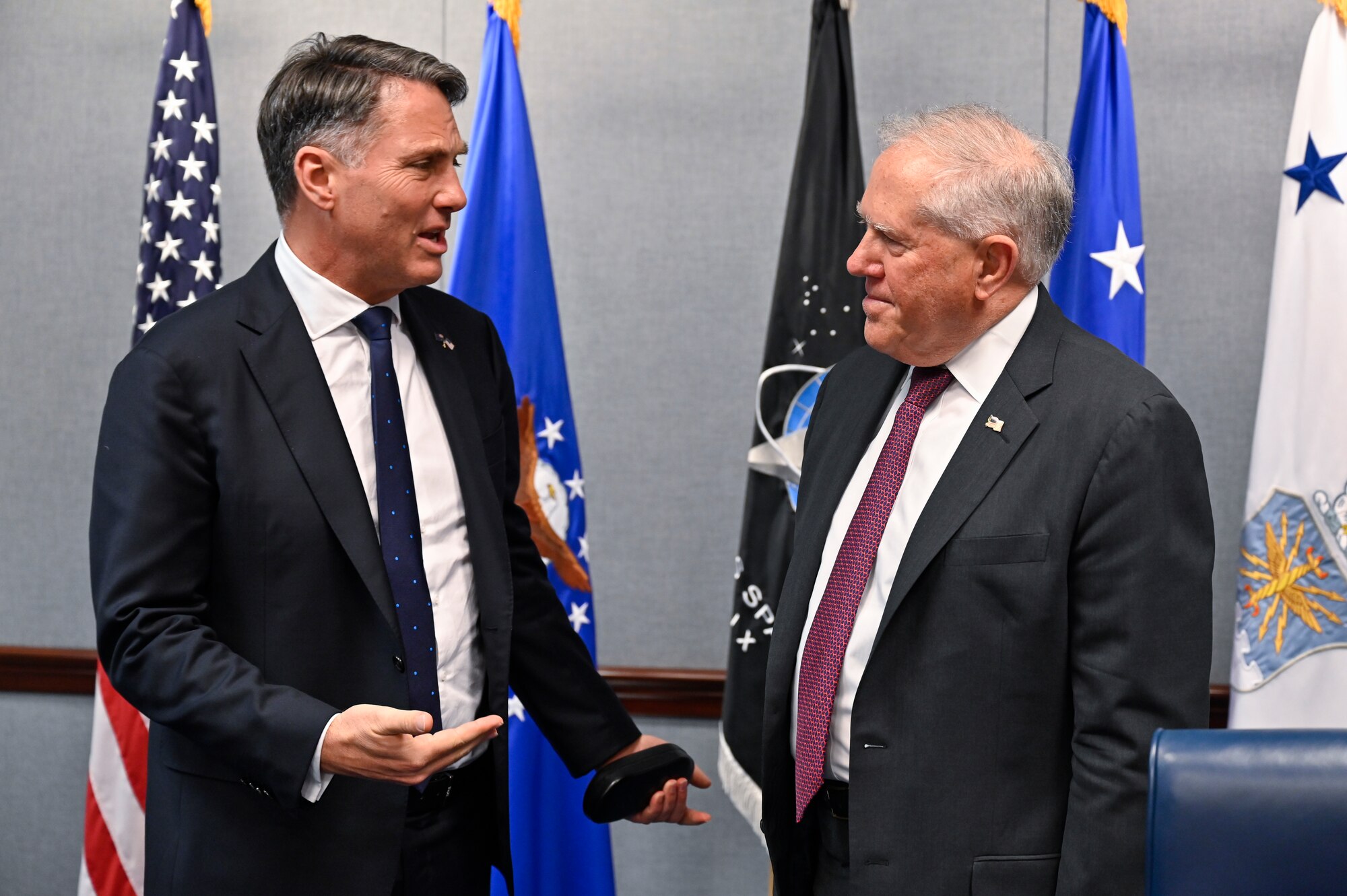 Australian Deputy Prime Minister Richard Marles, left, speaks with Secretary of the Air Force Frank Kendall.