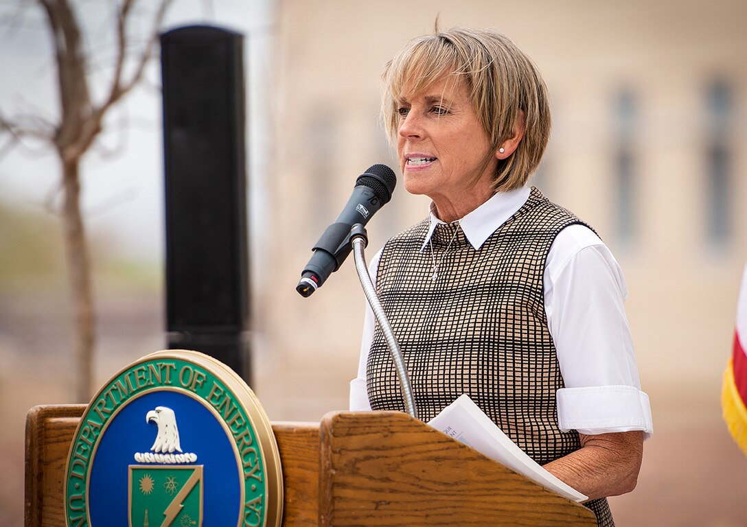 Dr. Christine T. Altendorf, the Director of Military Programs for USACE speaks during a ribbon cutting ceremony to celebrate the opening of the new NNSA John A. Gordon Albuquerque Complex in Albuquerque, New Mexico, April 19, 2022.