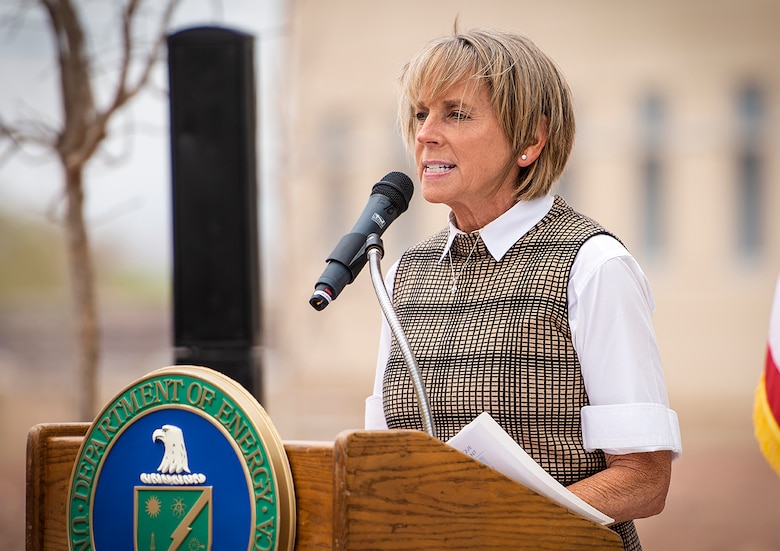 Dr. Christine T. Altendorf, the Director of Military Programs for USACE speaks during a ribbon cutting ceremony to celebrate the opening of the new NNSA John A. Gordon Albuquerque Complex in Albuquerque, New Mexico, April 19, 2022.