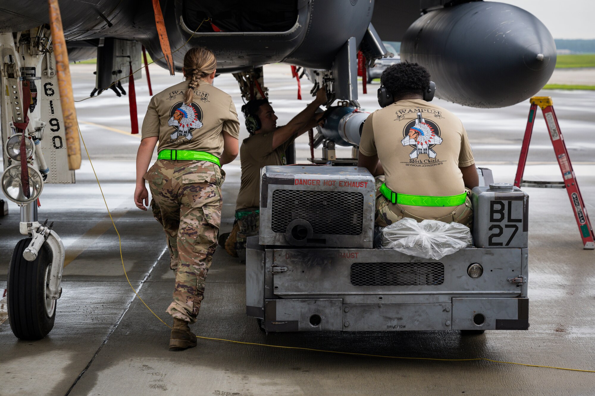 Airmen assigned to the 335th Fighter Generation Squadron participate in a quarterly load crew competition at Seymour Johnson Air Force Base, North Carolina, July 15, 2022. The 335th FGS was one of multiple units to compete in the competition. (U.S. Air Force Photo by Senior Airman David Lynn)