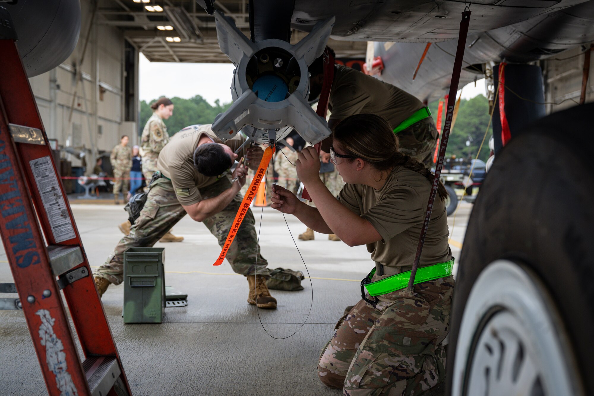Airmen assigned to the 335th Fighter Generation Squadron participate in a quarterly load crew competition at Seymour Johnson Air Force Base, North Carolina, July 15, 2022. The 335th FGS was one of multiple units to compete in the competition. (U.S. Air Force Photo by Senior Airman David Lynn)