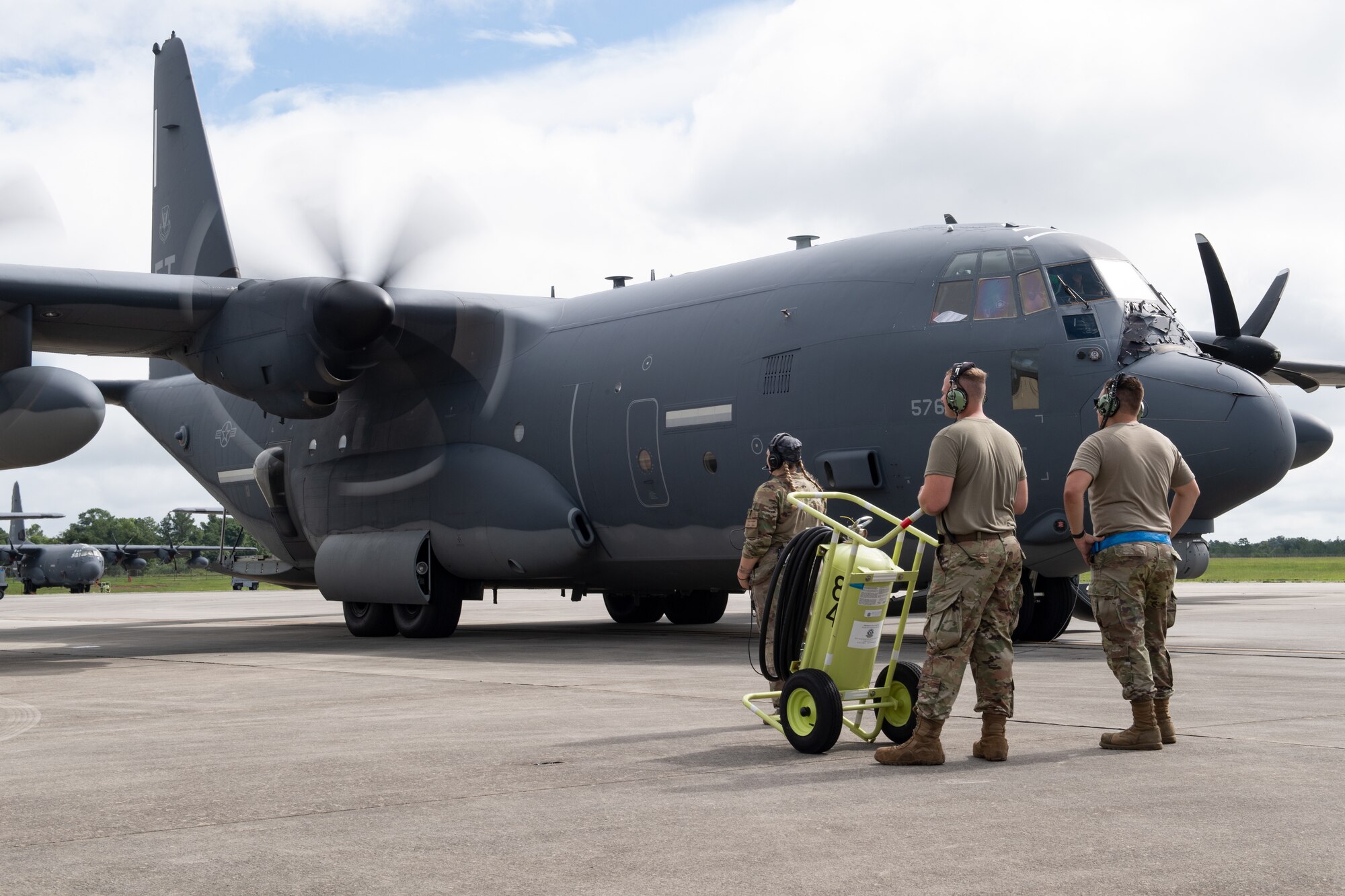 U.S. Air Force Staff Sgt. Nicholas Spangler, 71st Rescue Generation Squadron dedicated crew chief, and Senior Airman Clark Ivey, 71st RGS assistant dedicated crew chief, watch over preflight checks for their Black Letter flight on July 12, 2022, at Moody Air Force Base, Georgia. Spangler and Ivey eliminated all discrepancies and defects for the aircraft over the past two years, culminating in a rare Black Letter flight. (U.S. Air Force photo by Staff Sgt. John Crampton)