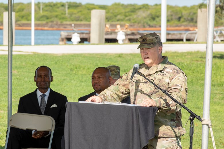 Col. Tim R. Vail, outgoing U.S. Army Corps of Engineers (USACE) Galveston District commander, addresses his command one last time during a change of command ceremony at the District headquarters, July 15. On top of handing over command to Col. Rhett A. Blackmon, Vail also celebrated his retirement from the Army after 25 years of service.