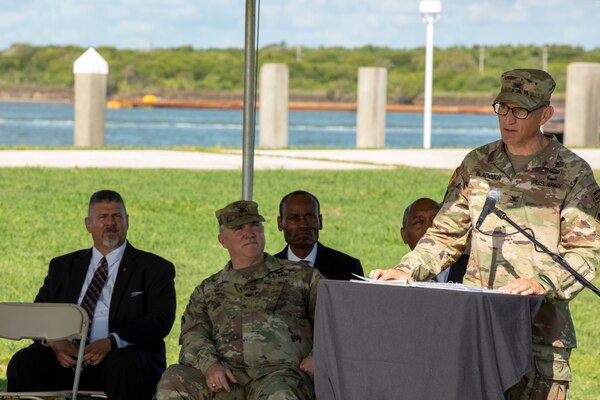 Col. Rhett A. Blackmon, U.S. Army Corps of Engineers (USACE) Galveston District commander, addresses the crowd after assuming command from Col. Tim R. Vail during a change of command ceremony, July 15.