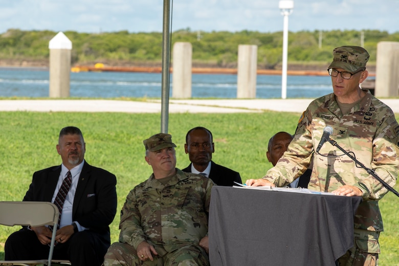 Col. Rhett A. Blackmon, U.S. Army Corps of Engineers (USACE) Galveston District commander, addresses the crowd after assuming command from Col. Tim R. Vail during a change of command ceremony, July 15.