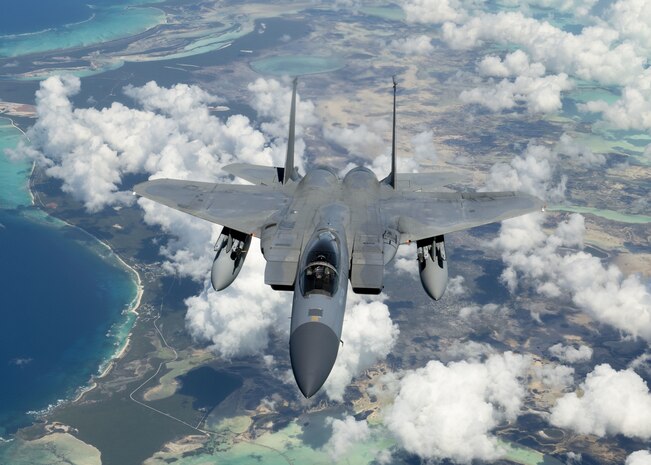 U.S. Air Force F-15C Eagle from the 159th Fighter Wing, Louisiana Air National Guard, Naval Air Station Joint Reserve Base New Orleans, La., flies over the Caribbean Sea near Puerto Rico.