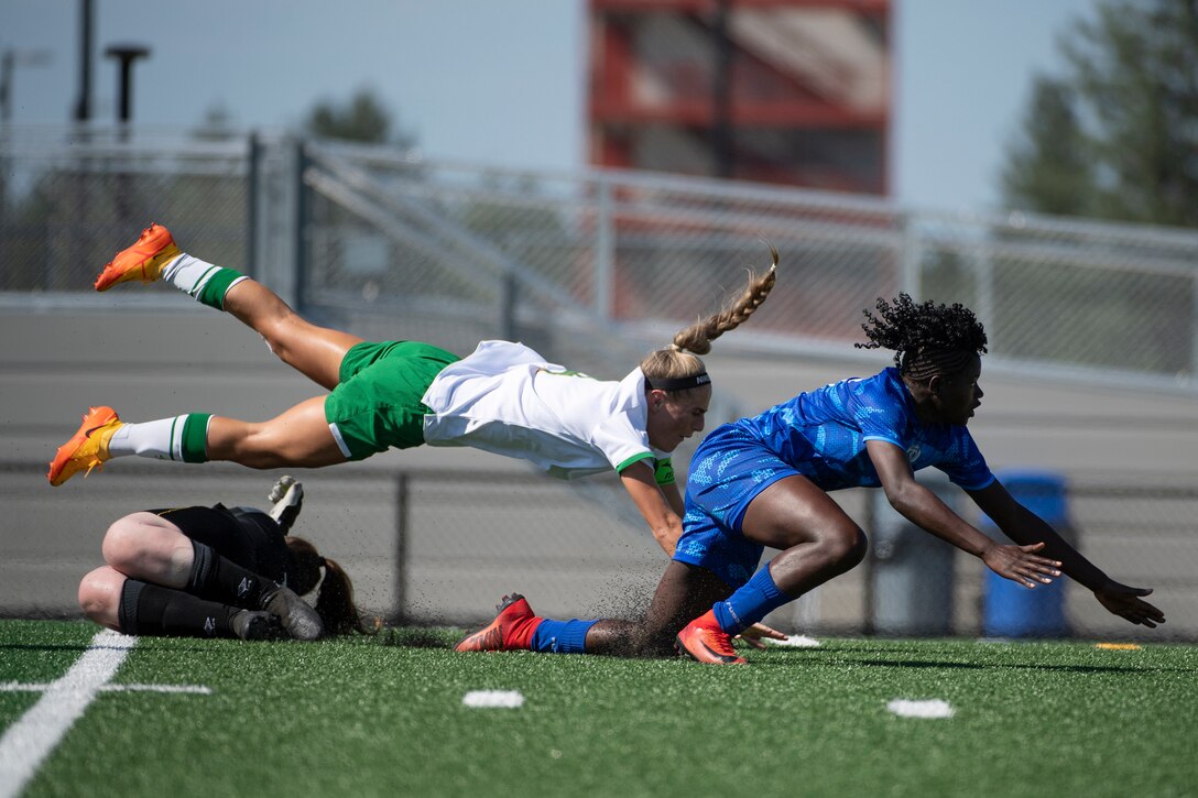 Players collide after Cameroon’s Ebika Tabe scores a goal during the 13th CISM (International Military Sports Council) World Military Women’s Football Championship in Meade, Washington July 14, 2022. (DoD photo by EJ Hersom)