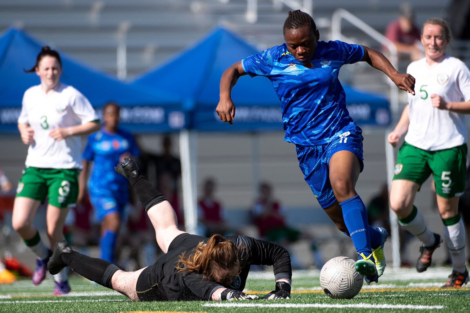 Cameroon's Monele Raissa Nnanga Ebolo scores her first of three consecutive goals during the second half of a game against Ireland during the 13th CISM (International Military Sports Council) World Military Women’s Football Championship in Meade, Washington July 15, 2022. (DoD photo by EJ Hersom)