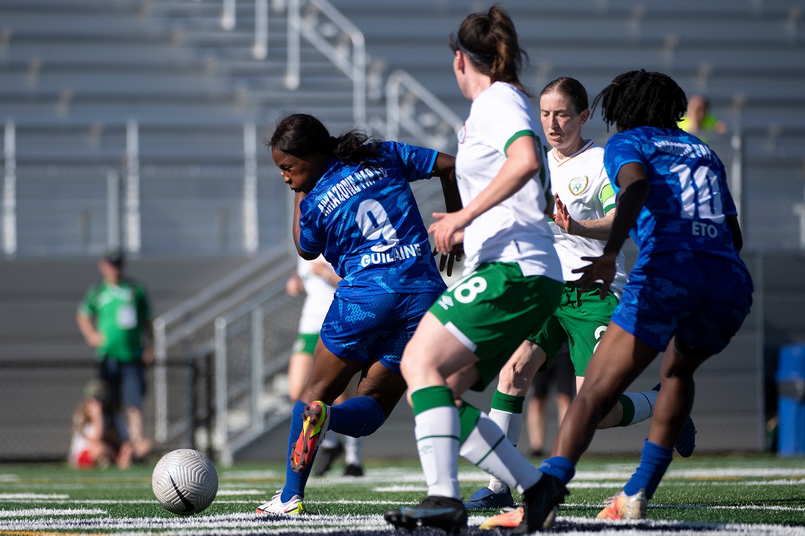 Cameroon’s Guylaine Weladji Tchadeu kicks a behind-the-back goal against Ireland during the 13th CISM (International Military Sports Council) World Military Women’s Football Championship in Meade, Washington July 15, 2022. (DoD photo by EJ Hersom)