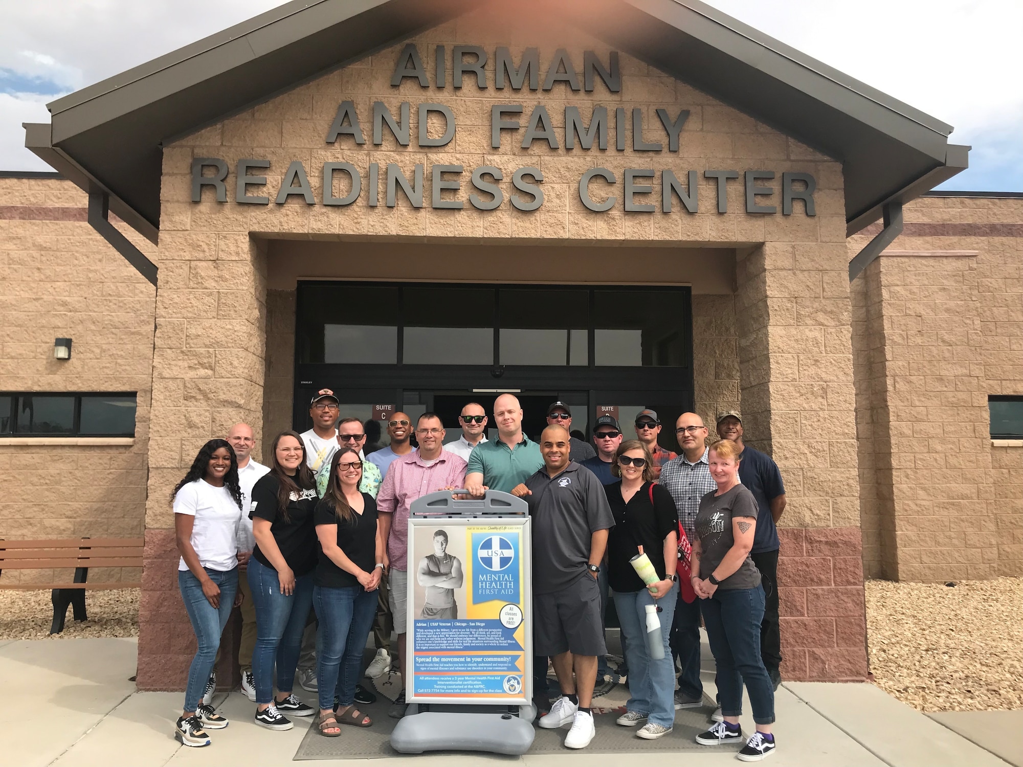 First sergeants from Holloman Air Force Base and Kirtland Air Force Base pose in front of the Holloman Airman and Family Readiness Center on Holloman AFB, New Mexico, July 14, 2022. Nine first sergeants from Kirtland and 11 from Holloman, teamed up for the training to network between the two New Mexico bases and sharpen their emotional intelligence and skills. (Courtesy photo)