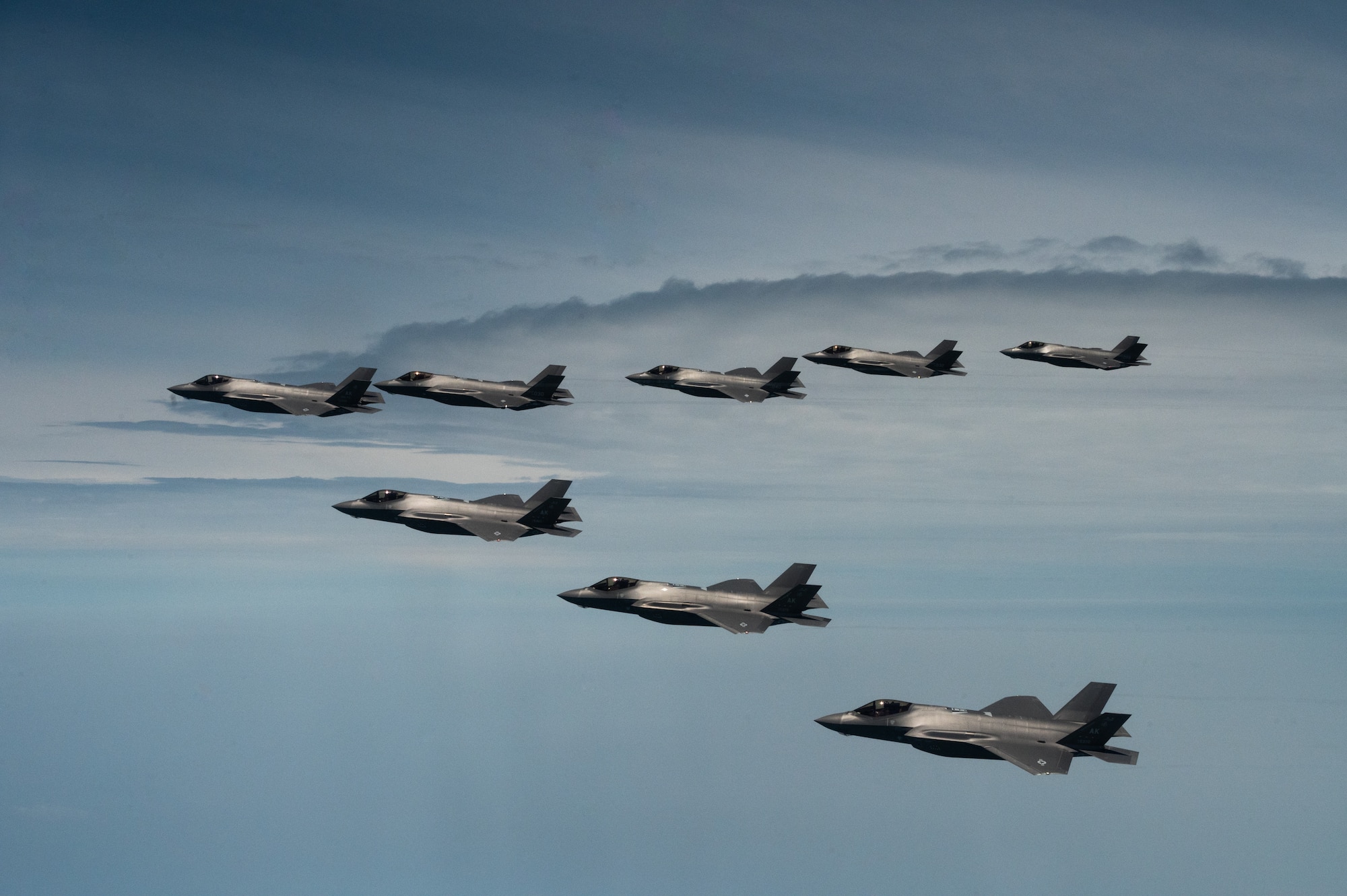 F-35A Lightning II aircraft soar through the skies at Cheonju Air Base, Republic of Korea, July 12, 2022. U.S. Air Force F-35 aircraft from Eielson Air Force Base, Alaska arrived in the Republic of Korea to conduct training flights with ROKAF to enhance interoperability between the two Air Forces on and around the Korean Peninsula. (U.S. Air Force photo by Senior Airman Shannon Braaten)