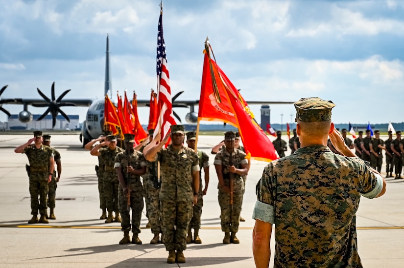 U.S. Marine Corps. Gen. Leonard Anderson, 4th Marine Aircraft Wing commander, salutes marines as part of a change of command ceremony on July 16, 2022 at Joint Base McGuire Dix Lakehurst. The change of command ceremony is a military tradition that represents a formal transfer of authority and responsibility for a unit from one officer to another. The mission of MAG 49 is to organize, train, and equip combat ready squadrons to augment and reinforce the active Marine forces in time of war, national emergency, or contingency operations, and to provide personnel and assault support capabilities to relieve operational tempo for active duty forces. (U.S. Air Force Photo by Senior Airman Matt Porter)