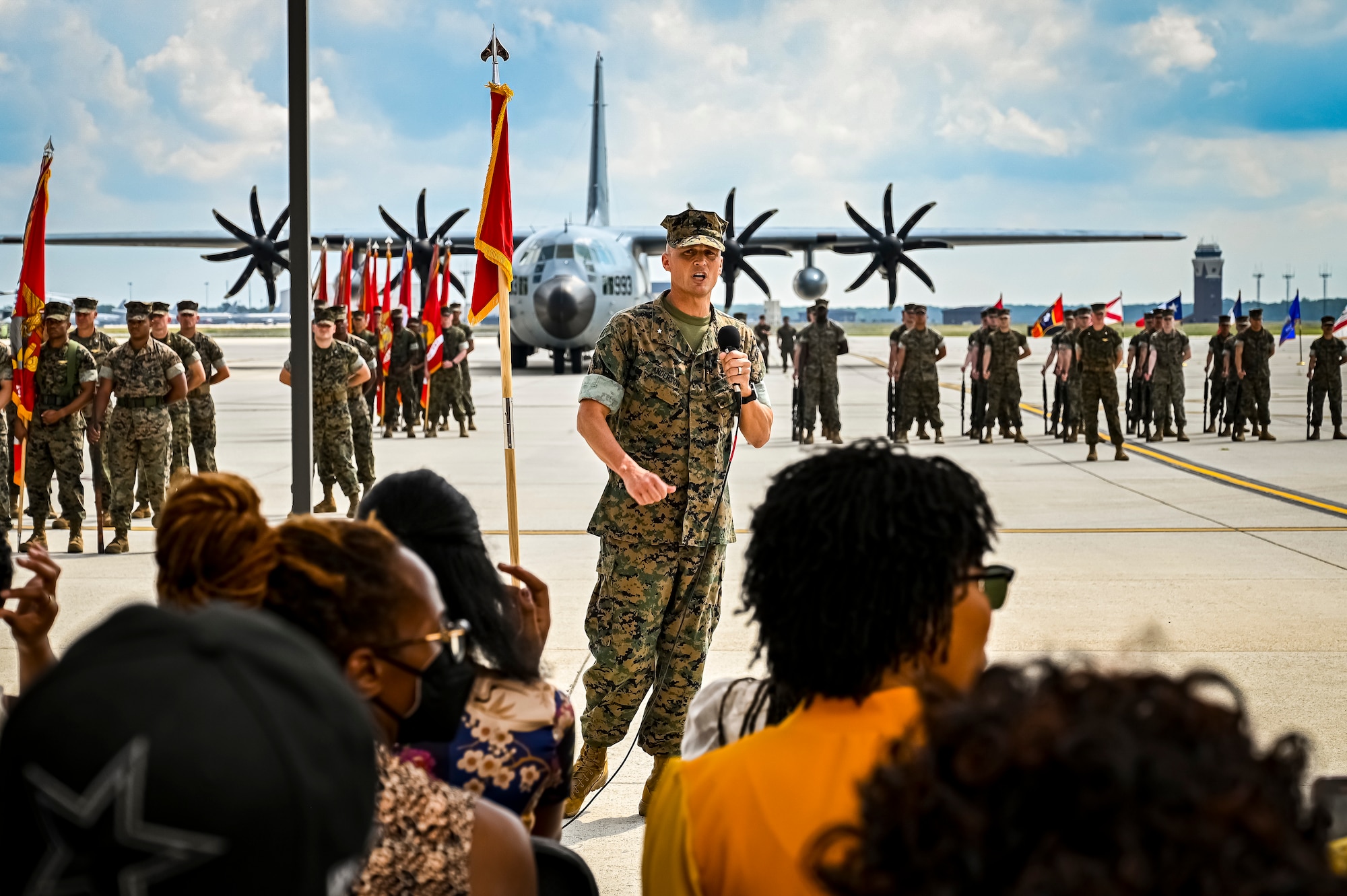 U.S. Marine Corps. Gen. Leonard Anderson, 4th Marine Aircraft Wing commander, speaks to an audience as part of a change of command ceremony on July 16, 2022 at Joint Base McGuire Dix Lakehurst. The change of command ceremony is a military tradition that represents a formal transfer of authority and responsibility for a unit from one officer to another. The mission of MAG 49 is to organize, train, and equip combat ready squadrons to augment and reinforce the active Marine forces in time of war, national emergency, or contingency operations, and to provide personnel and assault support capabilities to relieve operational tempo for active duty forces. (U.S. Air Force Photo by Senior Airman Matt Porter)
