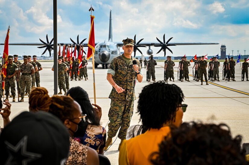 U.S. Marine Corps. Gen. Leonard Anderson, 4th Marine Aircraft Wing commander, speaks to an audience as part of a change of command ceremony on July 16, 2022 at Joint Base McGuire Dix Lakehurst. The change of command ceremony is a military tradition that represents a formal transfer of authority and responsibility for a unit from one officer to another. The mission of MAG 49 is to organize, train, and equip combat ready squadrons to augment and reinforce the active Marine forces in time of war, national emergency, or contingency operations, and to provide personnel and assault support capabilities to relieve operational tempo for active duty forces. (U.S. Air Force Photo by Senior Airman Matt Porter)