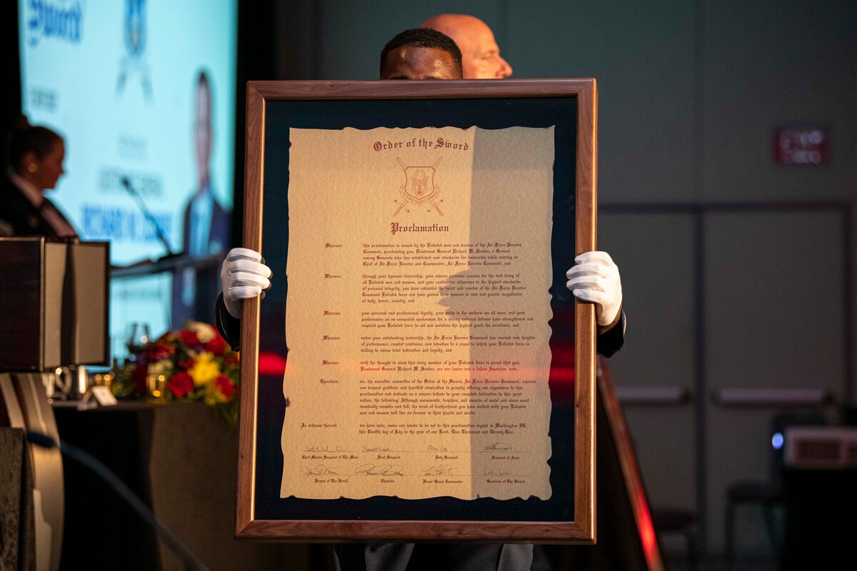 Photo of the official Air Force Order of the Sword scroll proclamation.