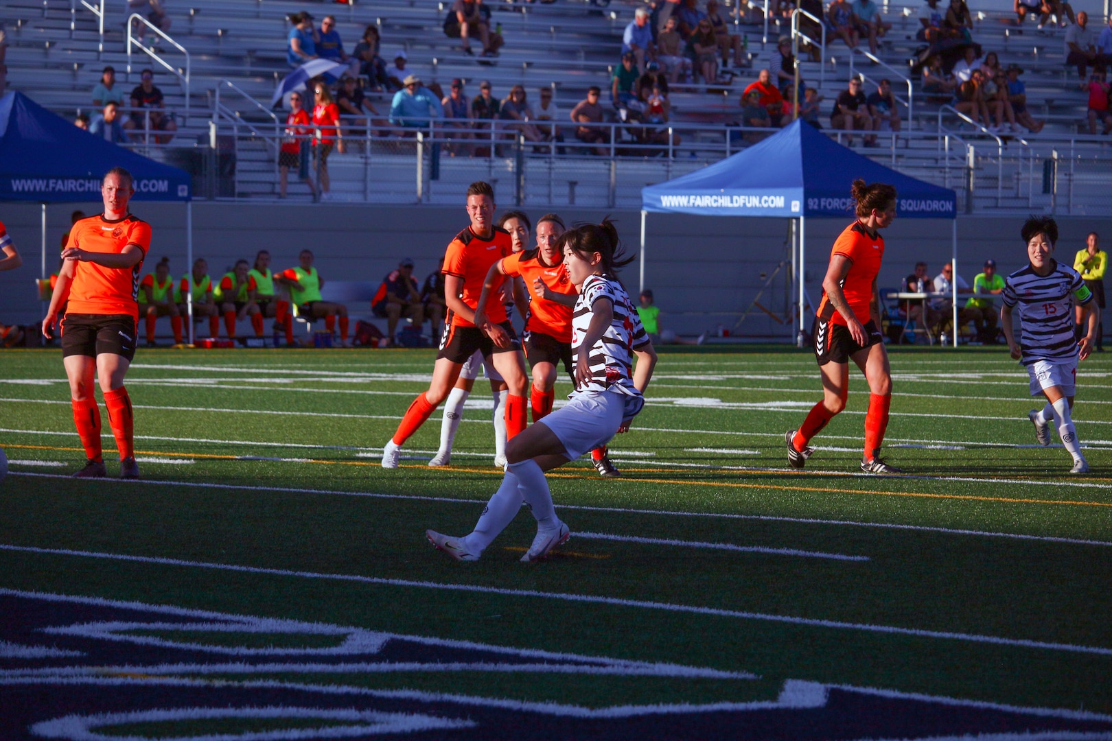 South Korea's Jeong Min Lee scores on the penalty kick during their 4-0 victory over Netherlands in match 12 of the 13th Conseil International du Sport Militaire (CISM) World Women's Military Football Championship hosted by Fairchild Air Force Base in Spokane, Washingon.  This year's championship features teams from the United States, Belgium, Cameroon, Canada, France, Germany, Ireland, Mali, Netherlands, and South Korea.  (Department of Defense Photo by Mr. Steven Dinote, released).