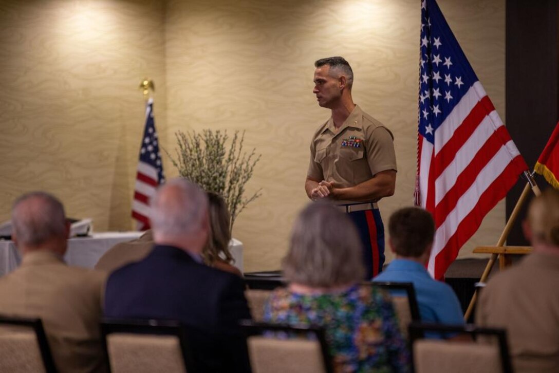 U.S. Marine Corps Maj. Nicolas R. Martino, the commanding officer for Recruiting Station Montgomery, addresses the attendees of the station's Change of Command ceremony held in Montgomery, Alabama, July 1, 2022. The change of command ceremony, a tradition passed down through the generations, represents the official passing of authority from the outgoing Marine, to the incoming Marine. (U.S. Marine Corps photo by Lance Cpl. Kevin Lopez Herrera)