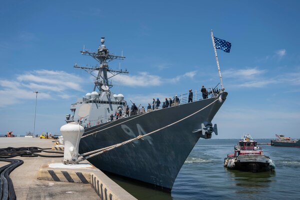 The crew of the Arleigh Burke-class guided-missile destroyer USS Nitze (DDG 94), prepare Nitze to deploy from Naval Station Norfolk, July 17.