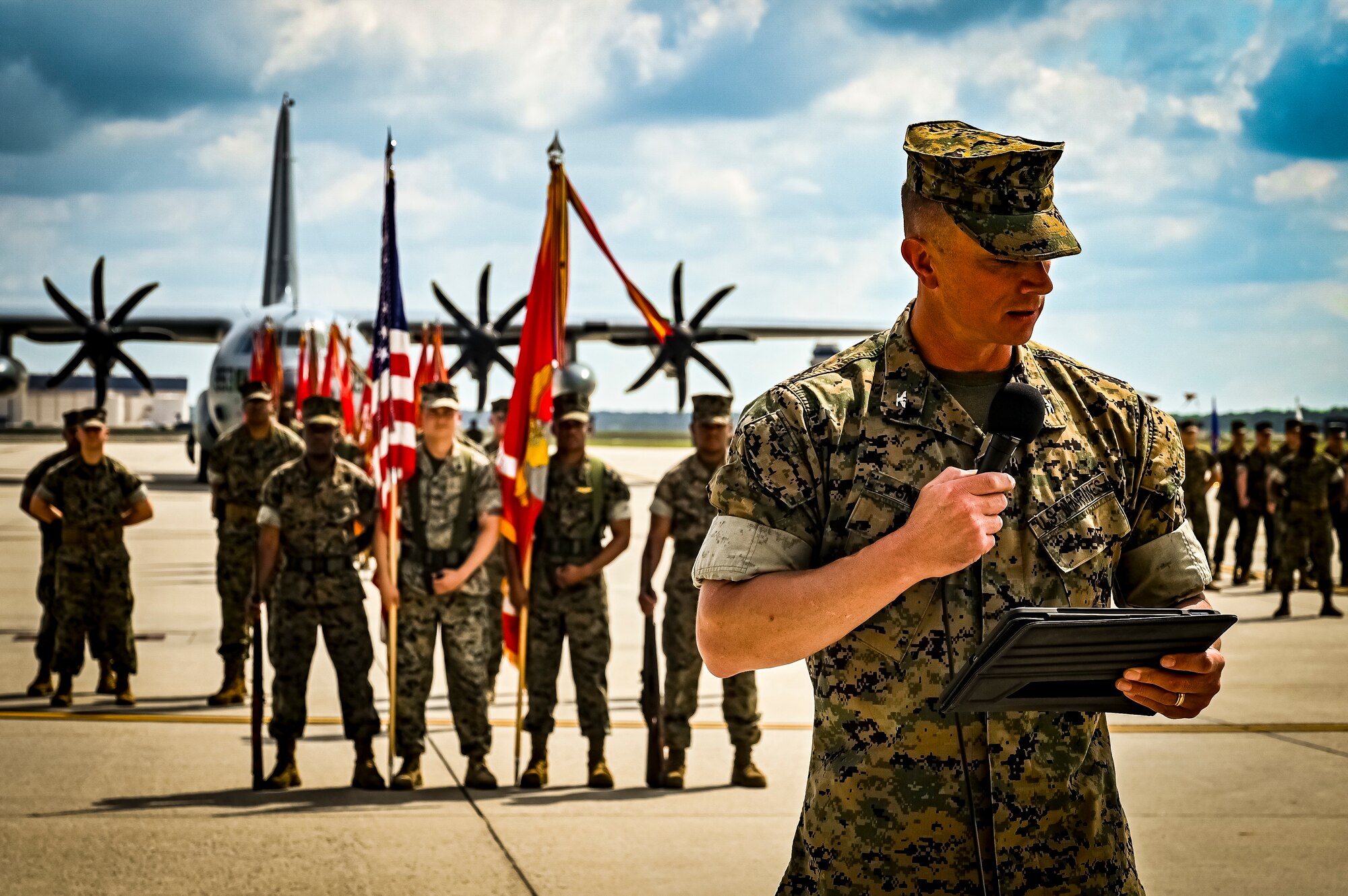 U.S. Marine Corps. Col. Stuart Smith Jr., gives the retiring officer address during a relief and appointment retirement ceremony on July 17, 2022 at Joint Base McGuire Dix Lakehurst, N.J. The relief and appointment is a military tradition that represents a formal transfer of authority and responsibility for a unit from one senior noncommissioned officer to another. The mission of MAG 49 is to organize, train, and equip combat ready squadrons to augment and reinforce the active Marine forces in time of war, national emergency, or contingency operations, and to provide personnel and assault support capabilities to relieve operational tempo for active duty forces. (U.S. Air Force Photo by Senior Airman Matt Porter)
