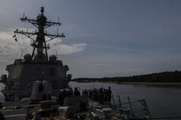 The Arleigh Burke-class guided-missile destroyer USS Bainbridge (DDG 96) departs Klaipeda, Lithuania, during exercise Baltic Operations (BALTOPS) 2018 June 3. BALTOPS is the premier annual maritime-focused exercise in the Baltic Region and one of the largest exercises in Northern Europe enhancing flexibility and interoperability among allied and partner nations.