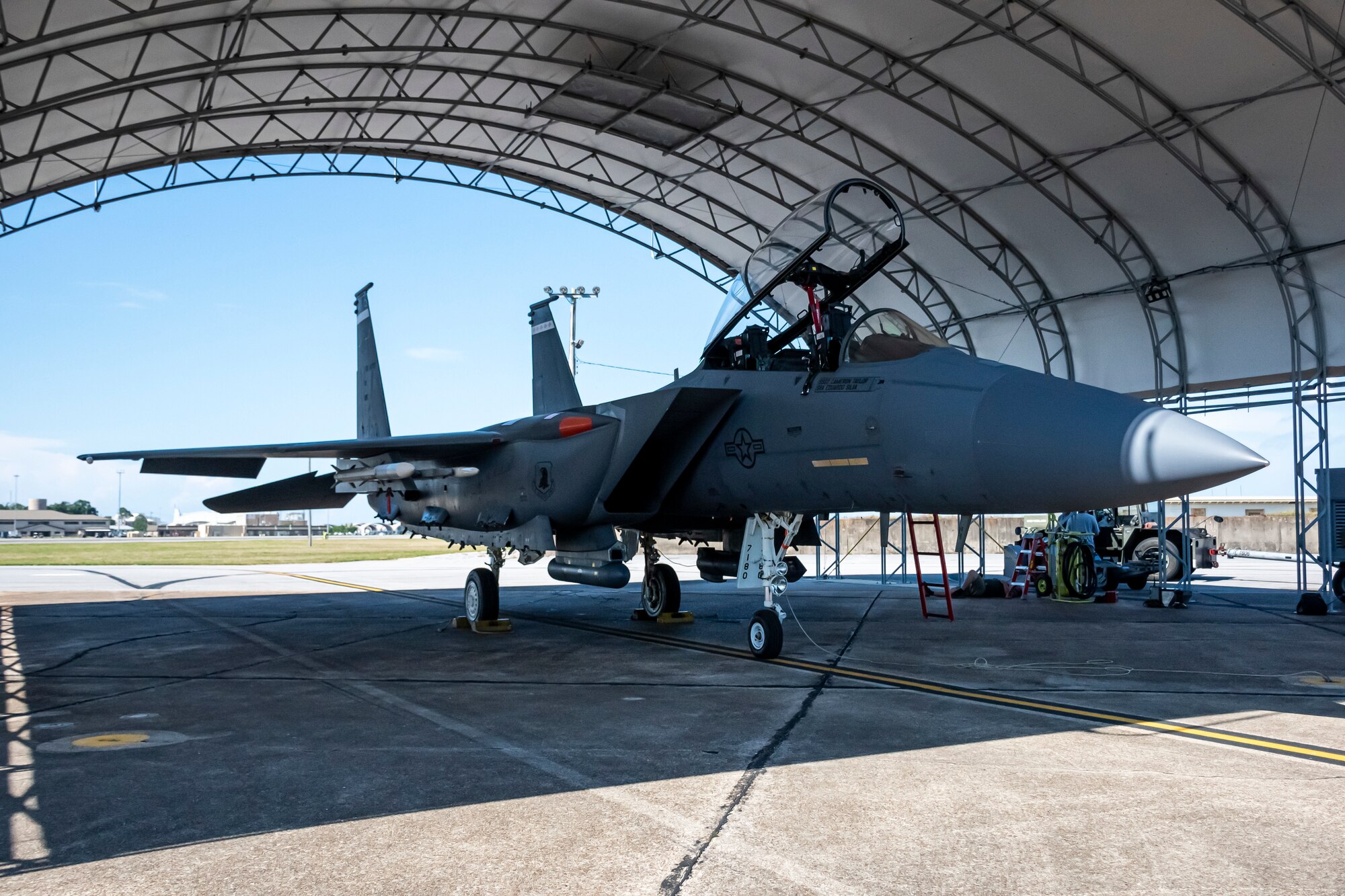 An F-15E Strike Eagle prepares for a live-fire mission equipped with an AIM-120D3 using production missile hardware developed under the AMRAAM Form, Fit, Function Refresh program. Executed by the 28th Test and Evaluation Squadron and 85th TES, the core objective of the test was to execute a long-range shot that physically stressed the new missile hardware and verified no changes to the missile kinematic or target intercept capabilities. (U.S. Air Force photo by 1st Lindsey Heflin)